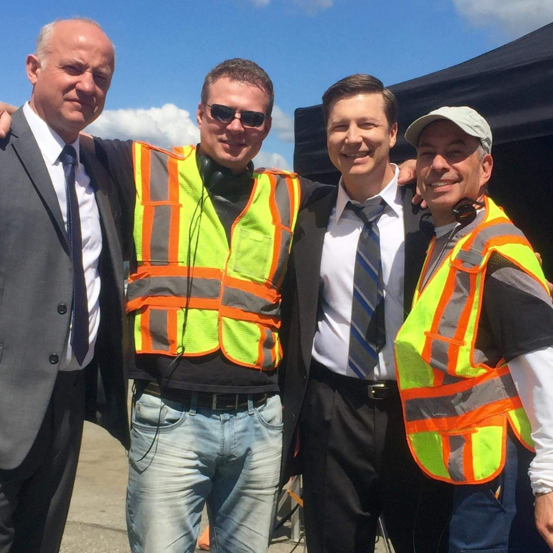 Actors Kurt Max Runte, Noel Johansen, and Tony Alcantar with Russian dialect coach Sasha Piltsin during work on The Bletchley Circle: San Francisco
