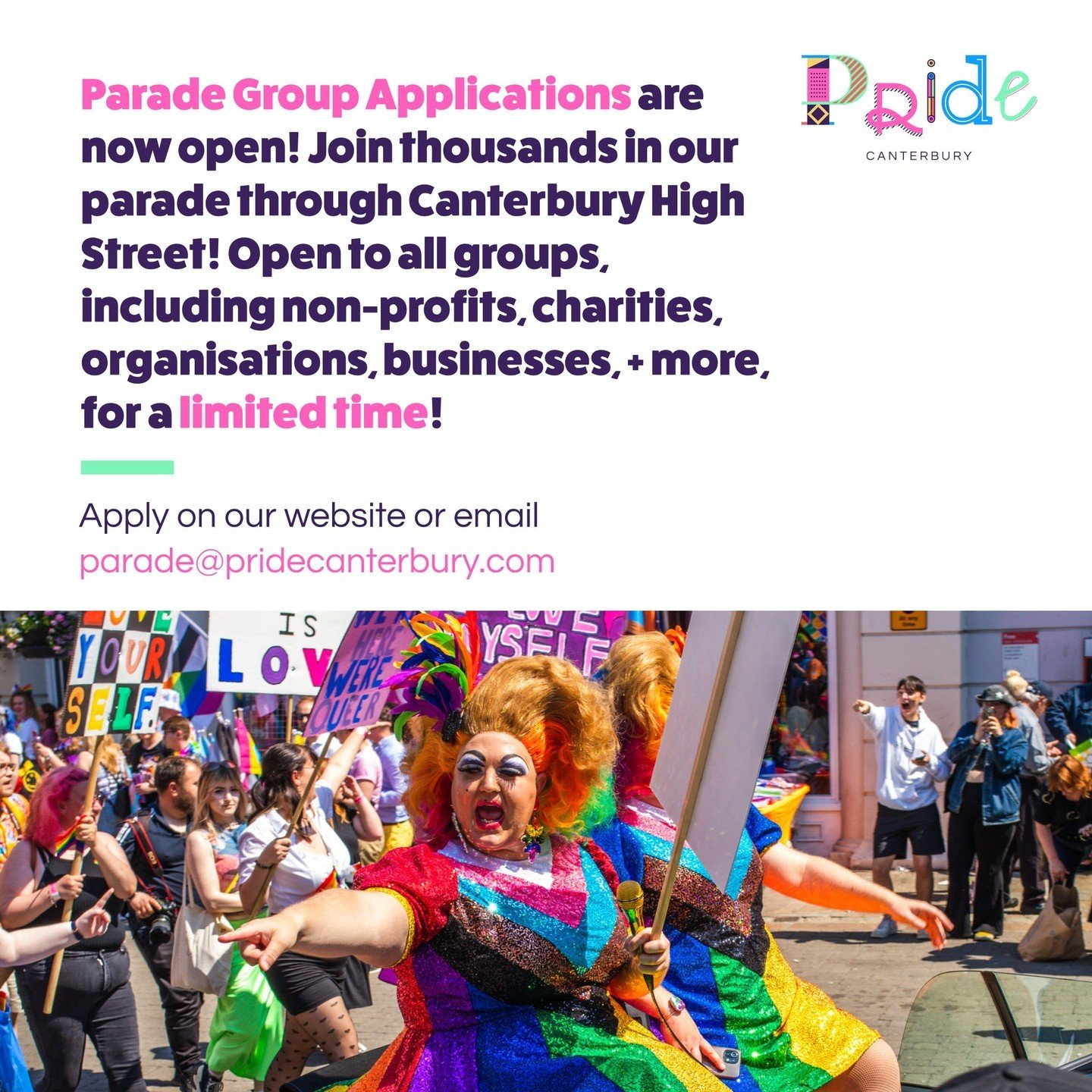 Parade Group applications close in two weeks, on Mon 8th April 2024. We will be at maximum capacity, so please let us know as soon as possible if you are joining via link in bio 🌈 

🥰 individual registration will open at a later date 👉 stay tuned 