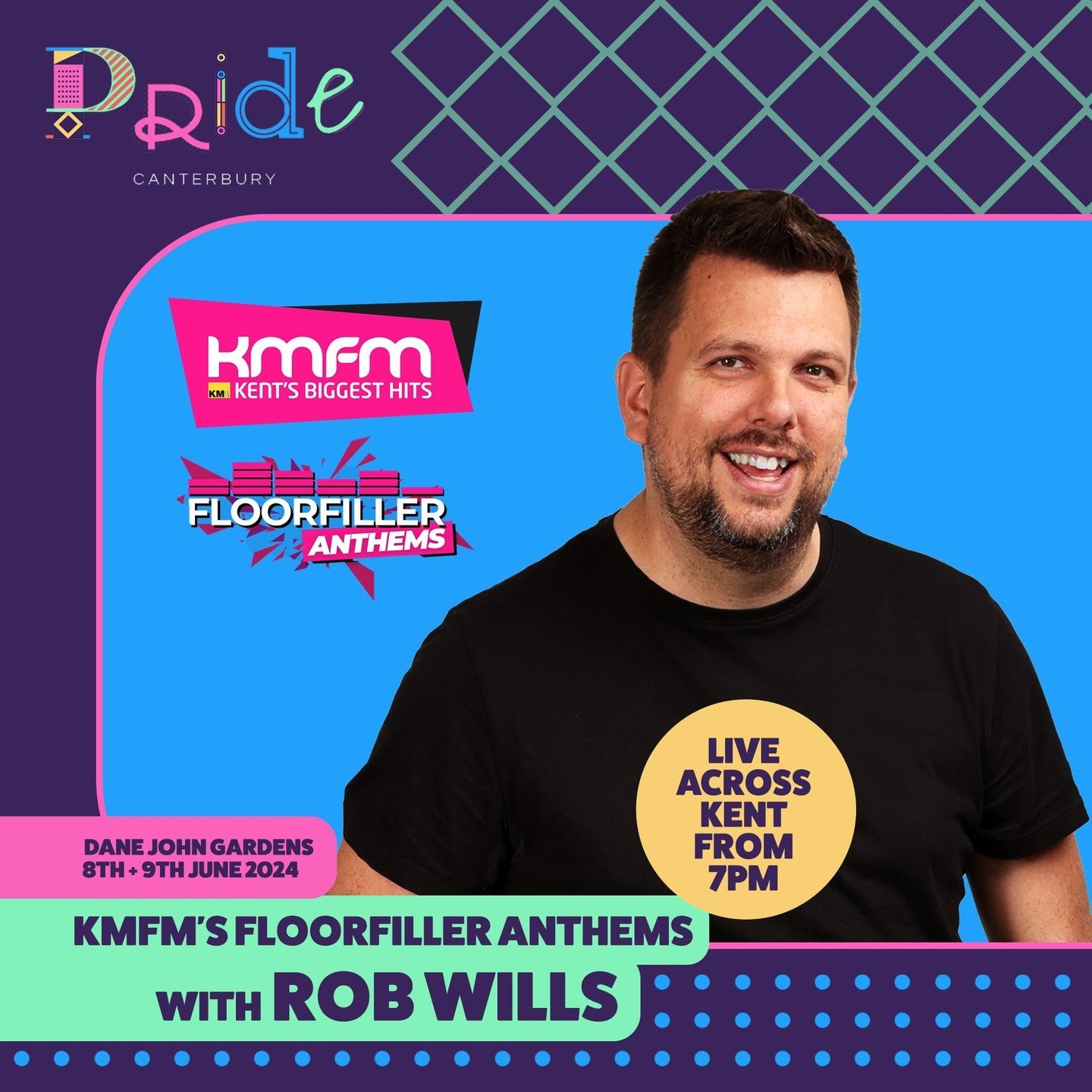 📣 Pride Canterbury 2024 line-up Announcement 

@kmfmofficial Floorfiller Anthems Live 
Rob Wills from KMFM is back and will be Broadcasting Live from our Main Stage across the whole of Kent at 7pm on Saturday 8th June with Floorfiller Anthems.