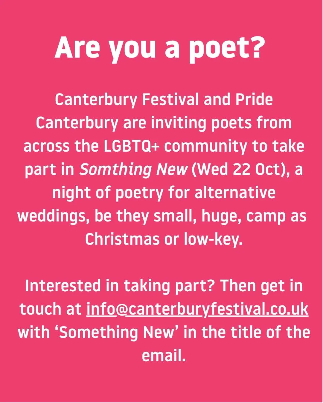 last chance to get involved 🤩 we're teaming up with @canterburyfest for &lsquo;Something New&rsquo; 🥰 a night of alternative poetry for alternative weddings, be they small, huge, camp as Christmas, hilarious, glamorous or low-key ❤️ 

Contemporary 