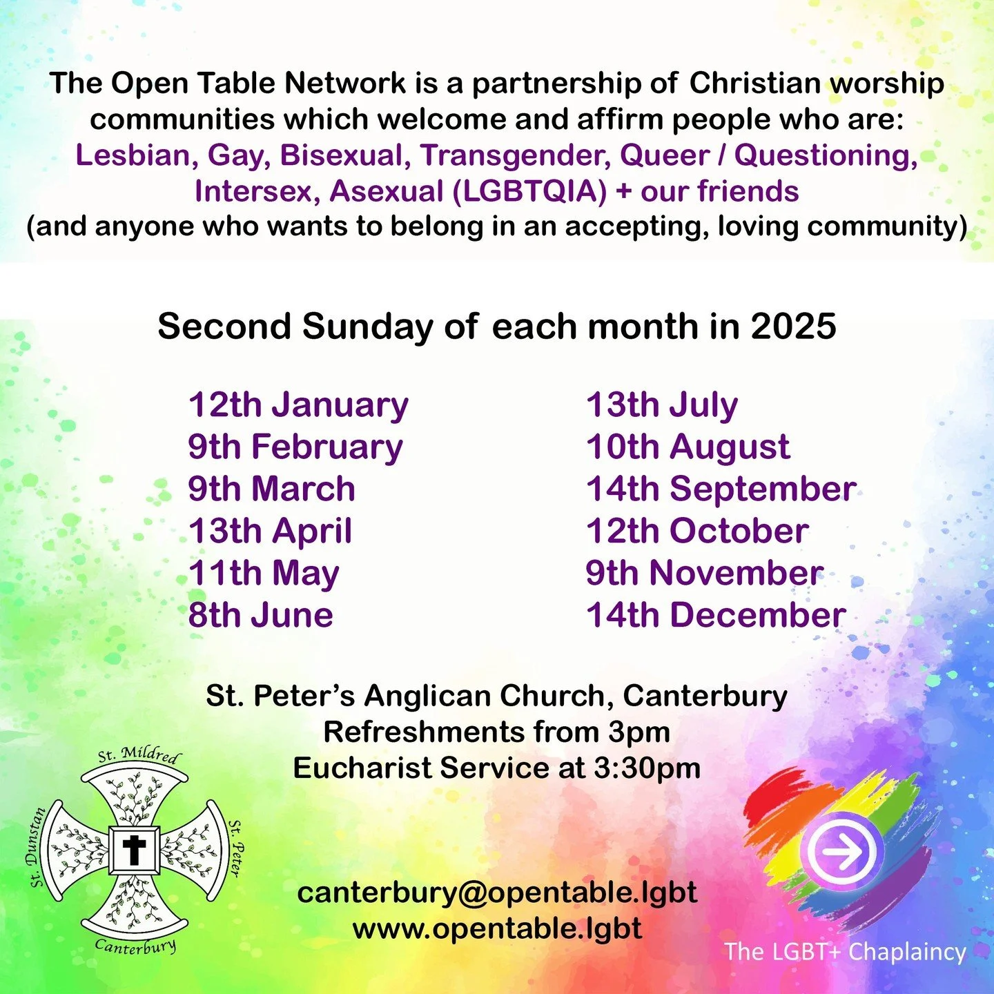 The Open Table Canterbury warmly invites all members of the LGBTQIA+ community and their supporters to attend their service with refreshments at St. Peter's Anglican Church in Canterbury &mdash; second Sunday of each month throughout the year 🌈