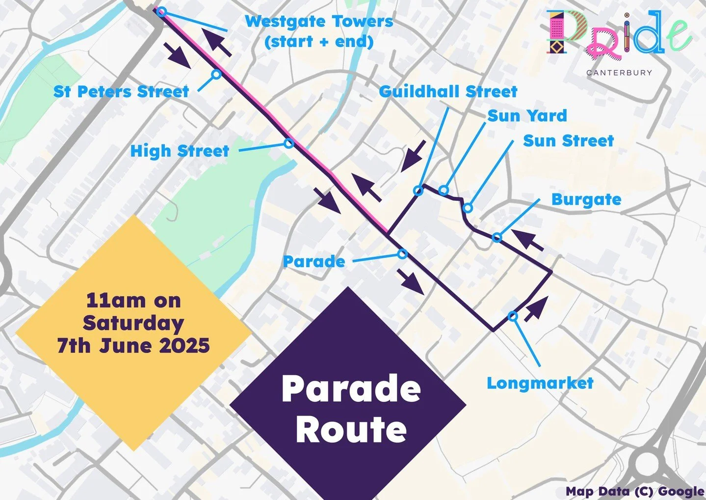 don't forget we have a new parade route from 11am tomorrow! 🤩 🌈 ❤️ participants must read the website, or if you're watching then find the route at the link in bio 🔗 

The parade proceeds from Westgate Towers, along the high street, turning left o