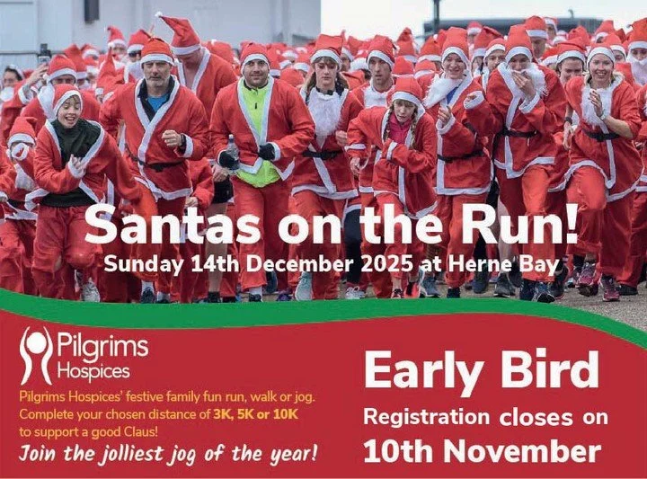 Join the jolliest jog of the year and take part in Pilgrims Hospices Santas on the Run! event on Sunday 14th December in Herne Bay.

This family fun run will start your countdown to Christmas with hundreds of fellow Santas walking, jogging and runnin