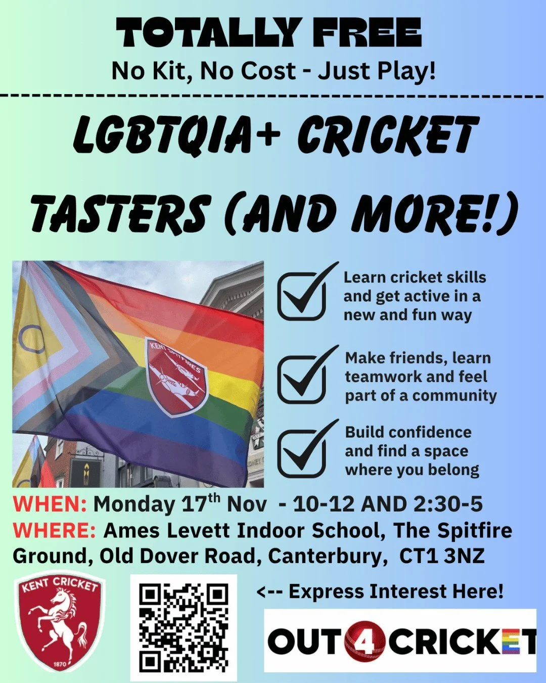in 2 weeks time 🤩 👉 mon 17th nov between 10-12 and 2.30-5 (come to either or both!) at Ames Levett Indoor School (St Lawrence Spitfire Ground, Old Dover Road, Canterbury, CT1 3NZ) 🏏 FREE LGBTQ+ Cricket Taster Session 🏳️&zwj;🌈 🌈 

16+, no experi