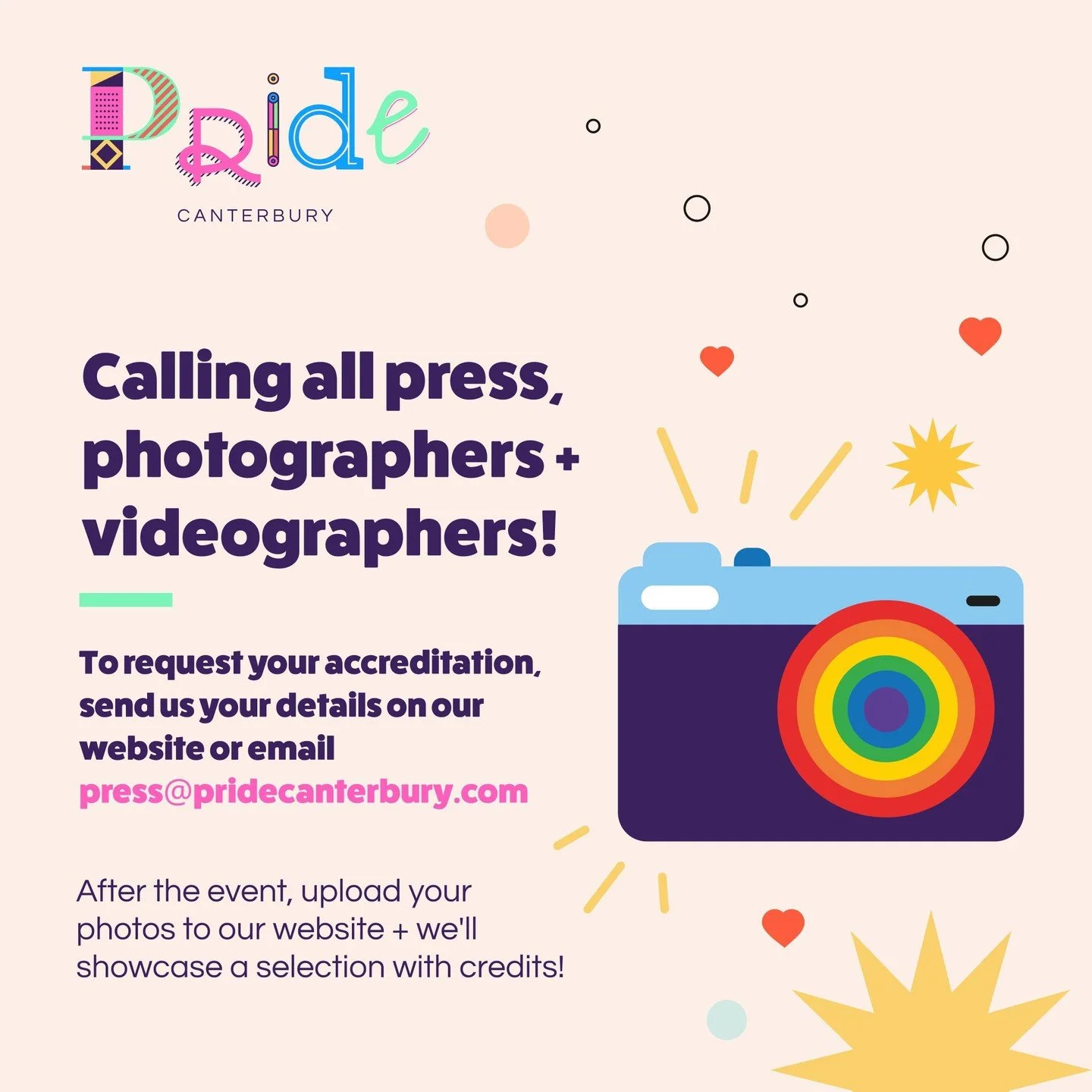 📸 Calling all photographers, videographers + journalists!

Press + Media Pass applications for Pride Canterbury are now OPEN! We&rsquo;ve got limited spaces &mdash; so apply early to secure your spot and capture the magic with us. ✨ 🎟️