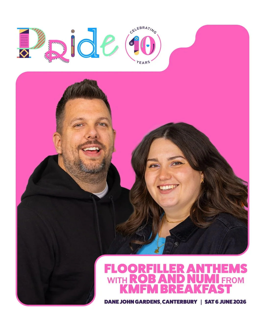 Kents favourite Duo Rob &amp; Numi is joining the Pride Canterbury line up. From waking up the whole county to playing your favourite anthems on the Dane John main stage.
✨Hosts of the biggest local breakfast show in the county on KMFM
✨Famous for th