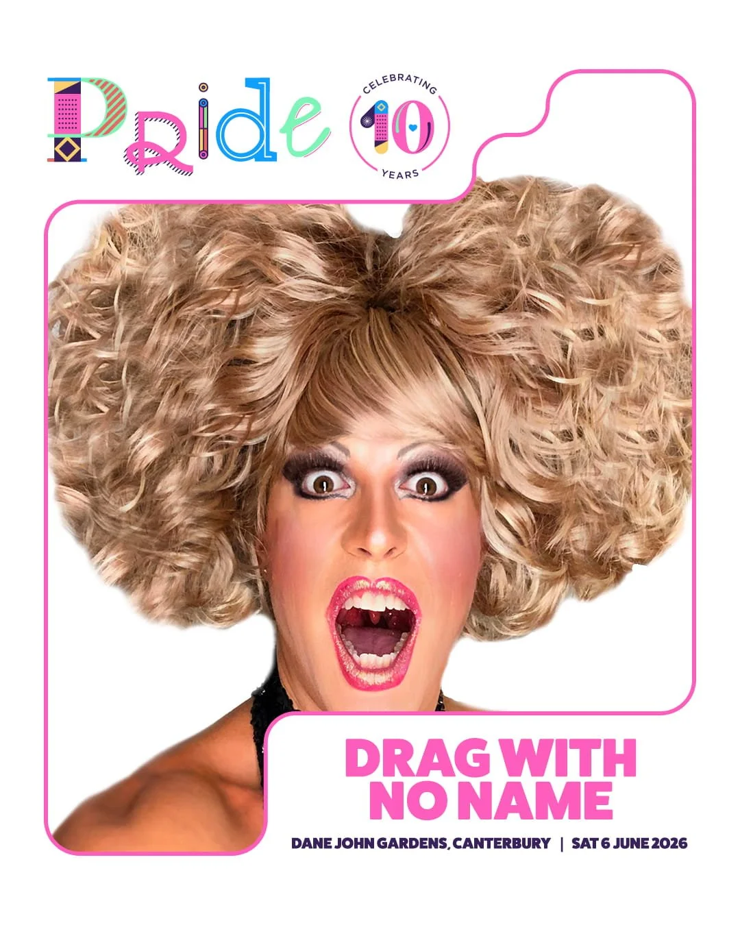 A drag LEGEND is coming to Canterbury for Pride 2026. @dragwithnoname will be causing chaos on the main stage and we can&rsquo;t wait!
✨Performed all around the world
✨25 year drag veteran
✨Multiple-time winner of "Best Drag Act"