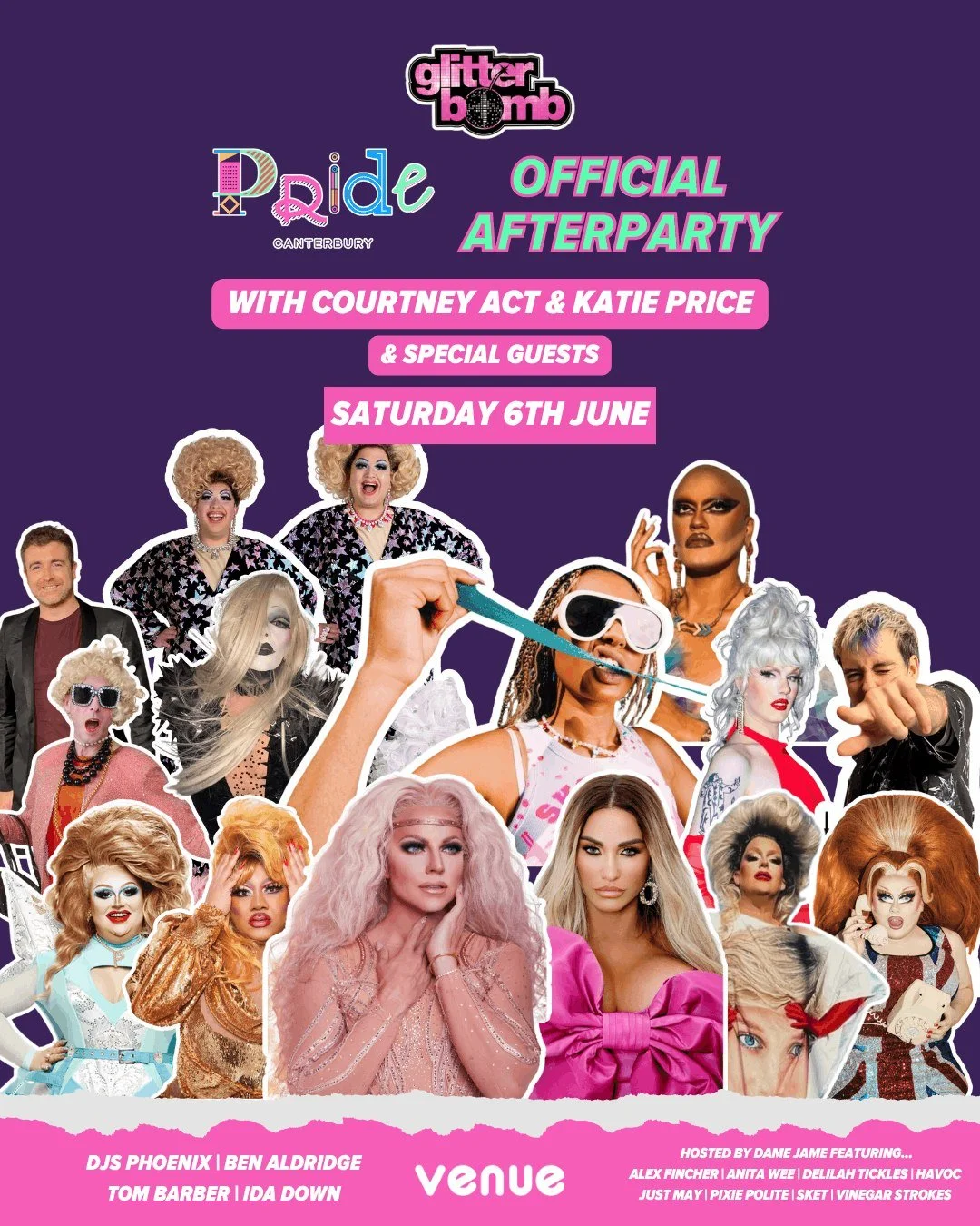 OFFICIAL PRIDE CANTERBURY AFTERPARTY with @glitterbombclub 🤩🌈📣

YOUR HEADLINERS:
@courtneyact + @katieprice

😍 hosted by your canterbury fav: @dame_jame!

✨ featuring drag performances from: @alexfincherworld, @anitaweeofficial, @delilahticklesof