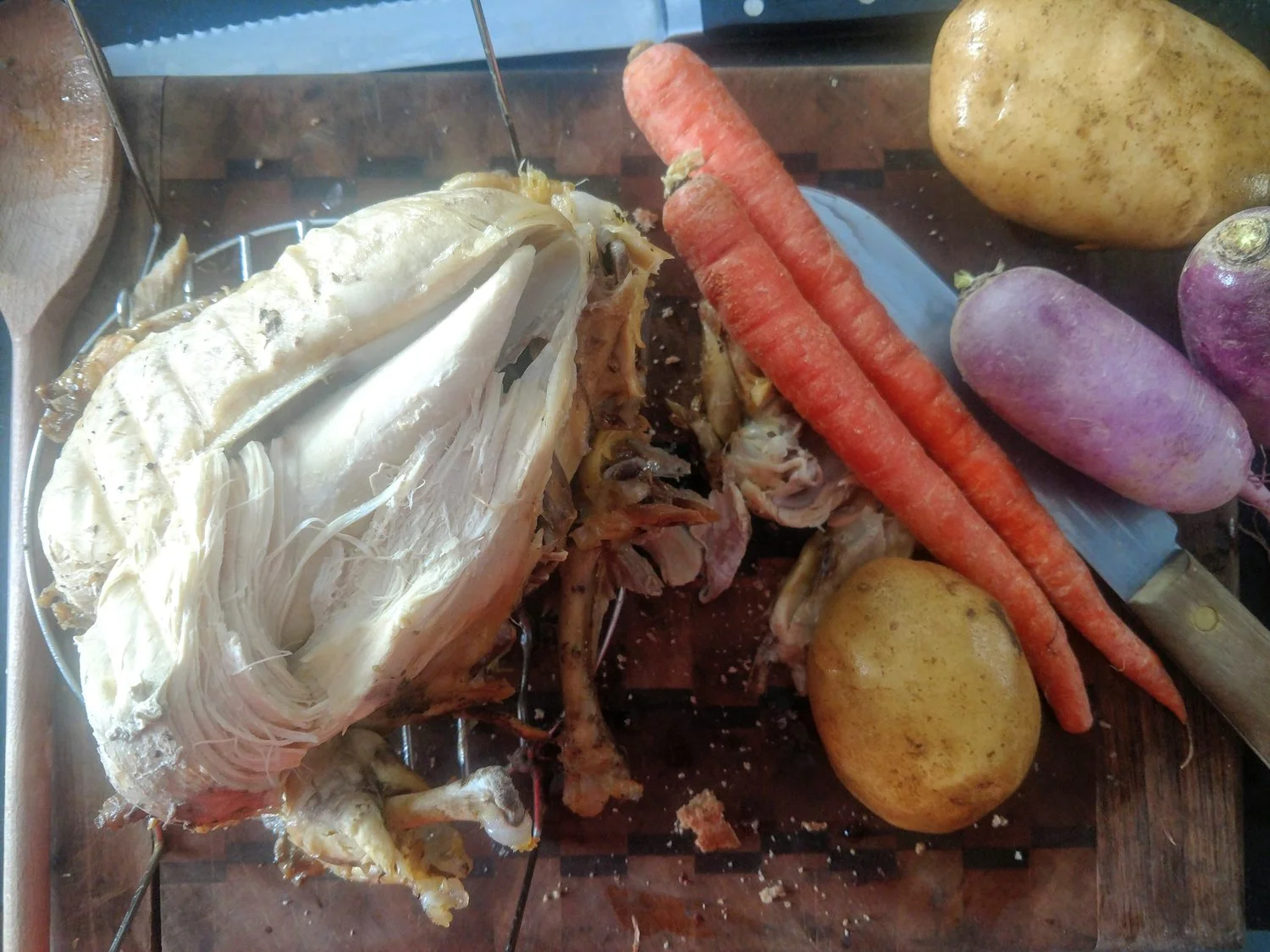 The leftovers from this whole chicken were used to make a stock that then served as the base for chicken stew with wild rice, root vegetables and spinach.