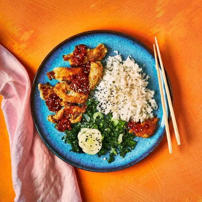 Korean-Style Fried Chicken with Garlic Pak Choi