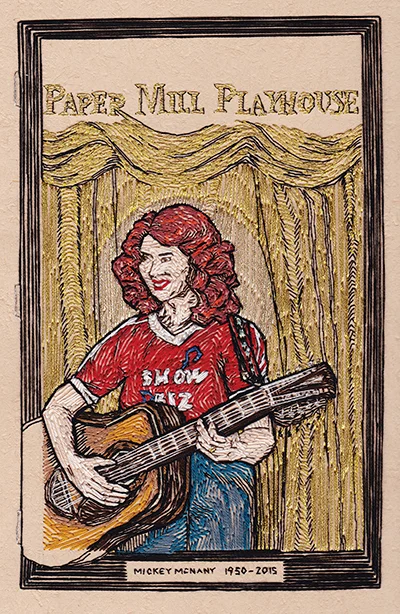 Mickey McNany, ShowBiz Kid by Christine DaCruz; 17 1/4” x 12 5/8” hand-stitched embroidery on handmade paper