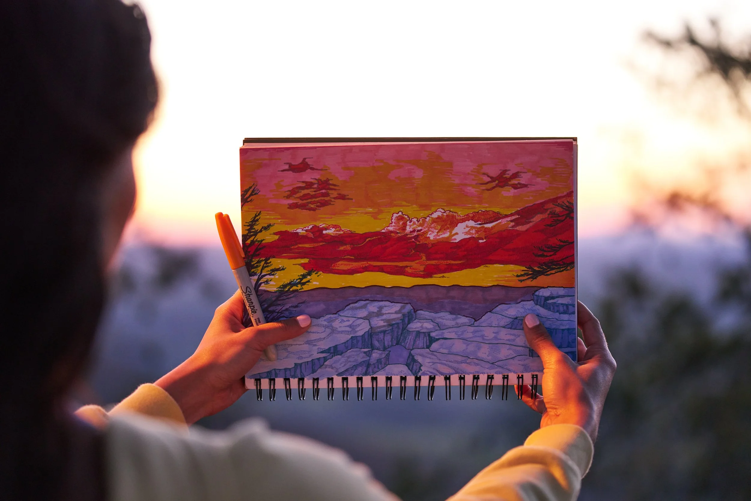 sharpie pens bold horizons drawing held by woman with view in background