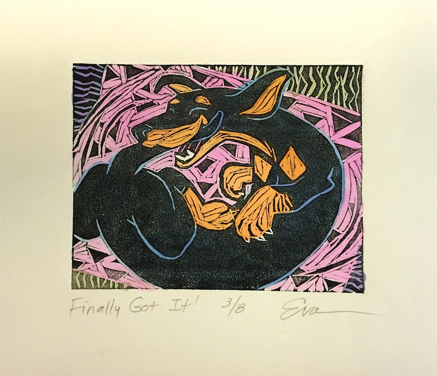"Finally Got It!" Hand-tinted Linocut