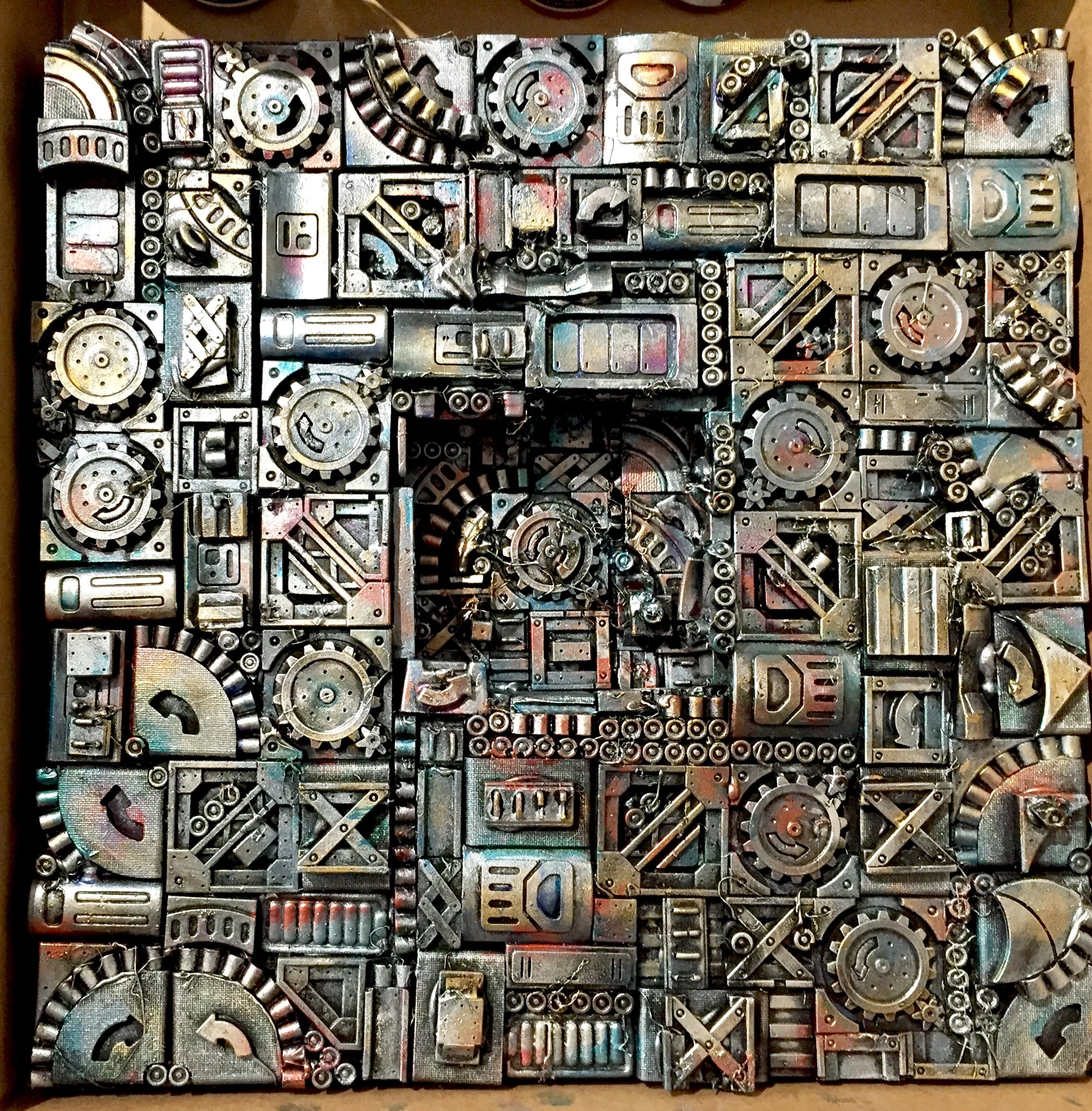 Clockwork. 3D mixed media on canvas Acrylic on die stone, 12”x 12”