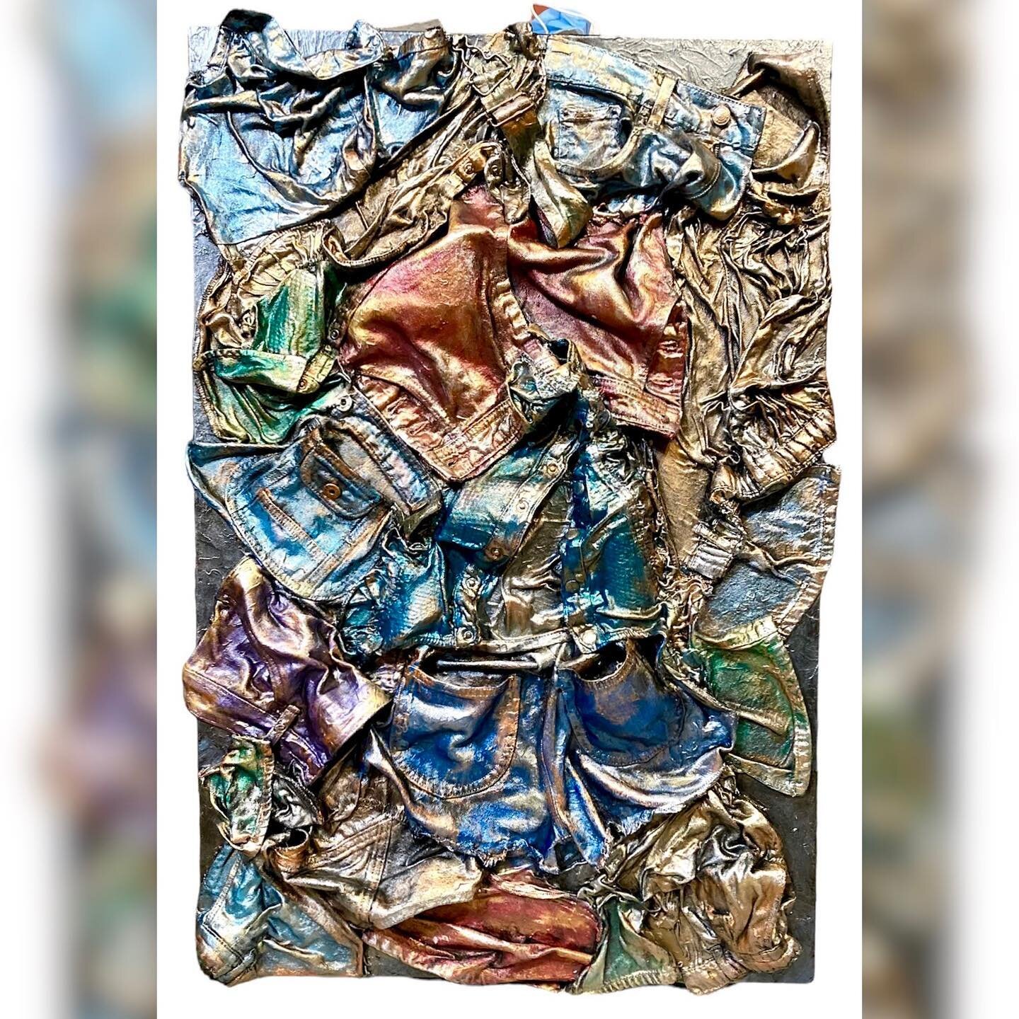 A new variation on a popular piece!
If you saw a similar one and liked it, but missed out the last time, this 3D 24&rdquo;x36&rdquo;, made with repurposed fabric, metallic acrylics, and plastic mesh, will be at the Toronto Art Crawl this June 4, at t