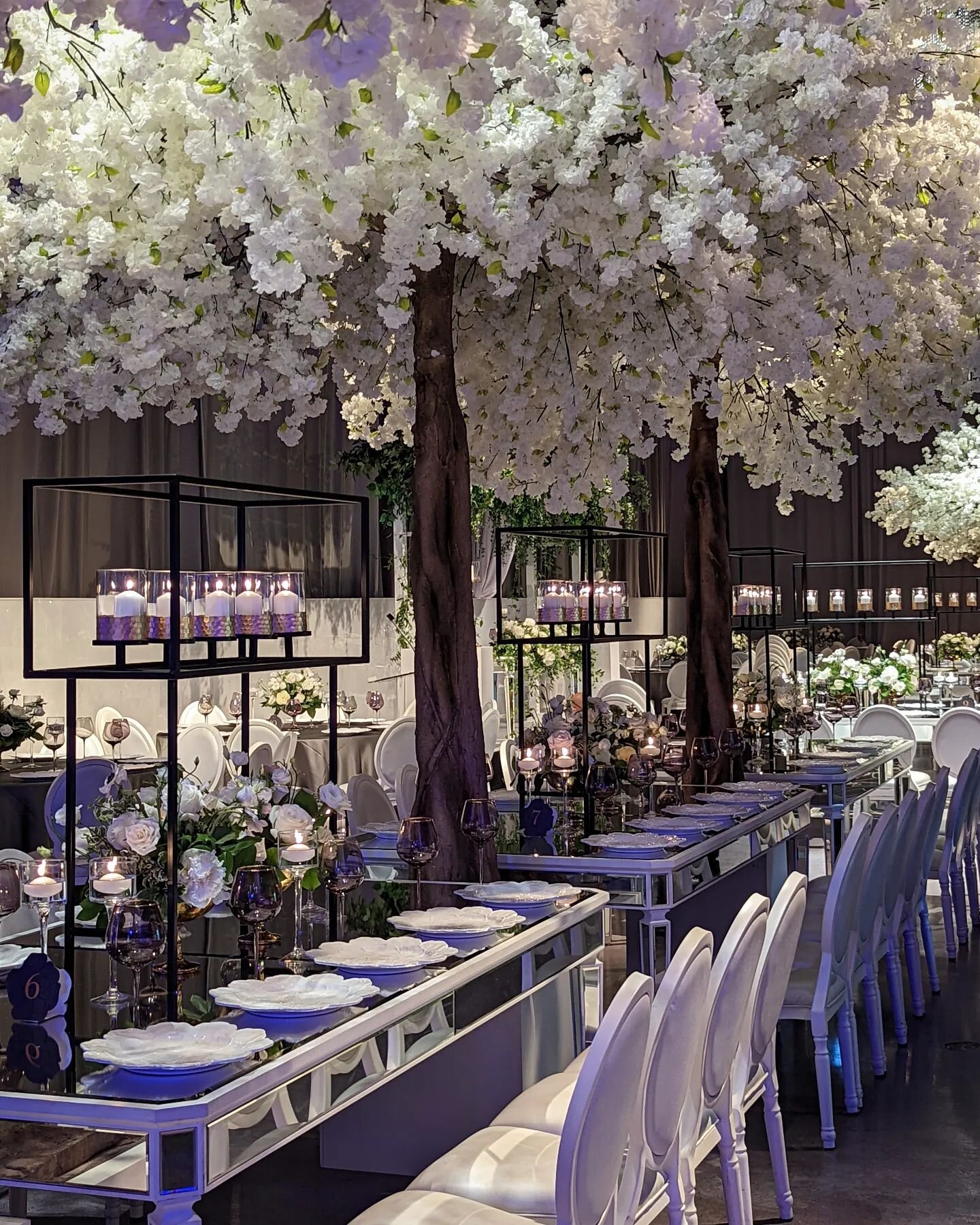 This evening with @AroraEvents guests dine under a canopy of oversized blossom trees. Reflective surfaces, soft floral, and candlelight create a sophisticated ambience. #PARASEvents #PARASEventsRentals #eventdesign #eventdecor #wedding #weddingdecor 