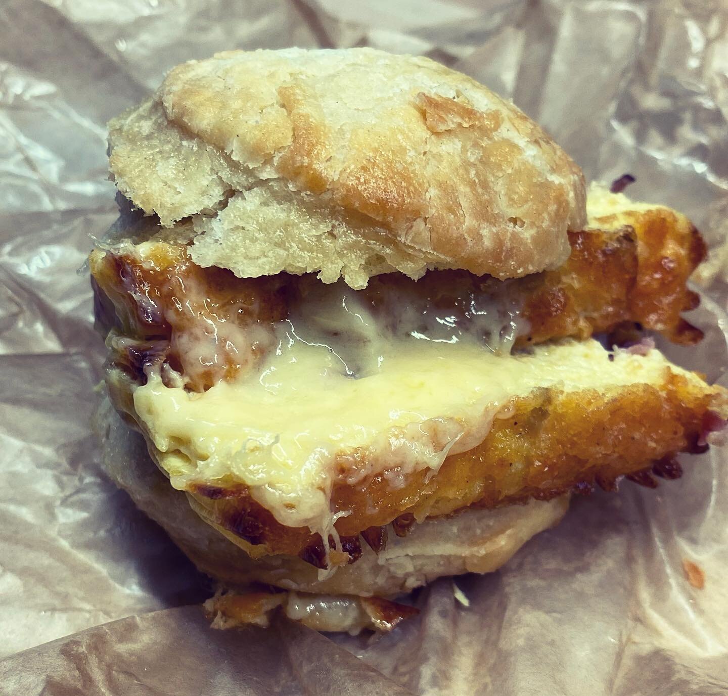 Quiche in a Biscuit. Our new breakfast  sandwich available in the bakery freezer. We have ham and pimento cheese today, and we can warm one up for you. #quiche #biscuit #harbertswedishbakery