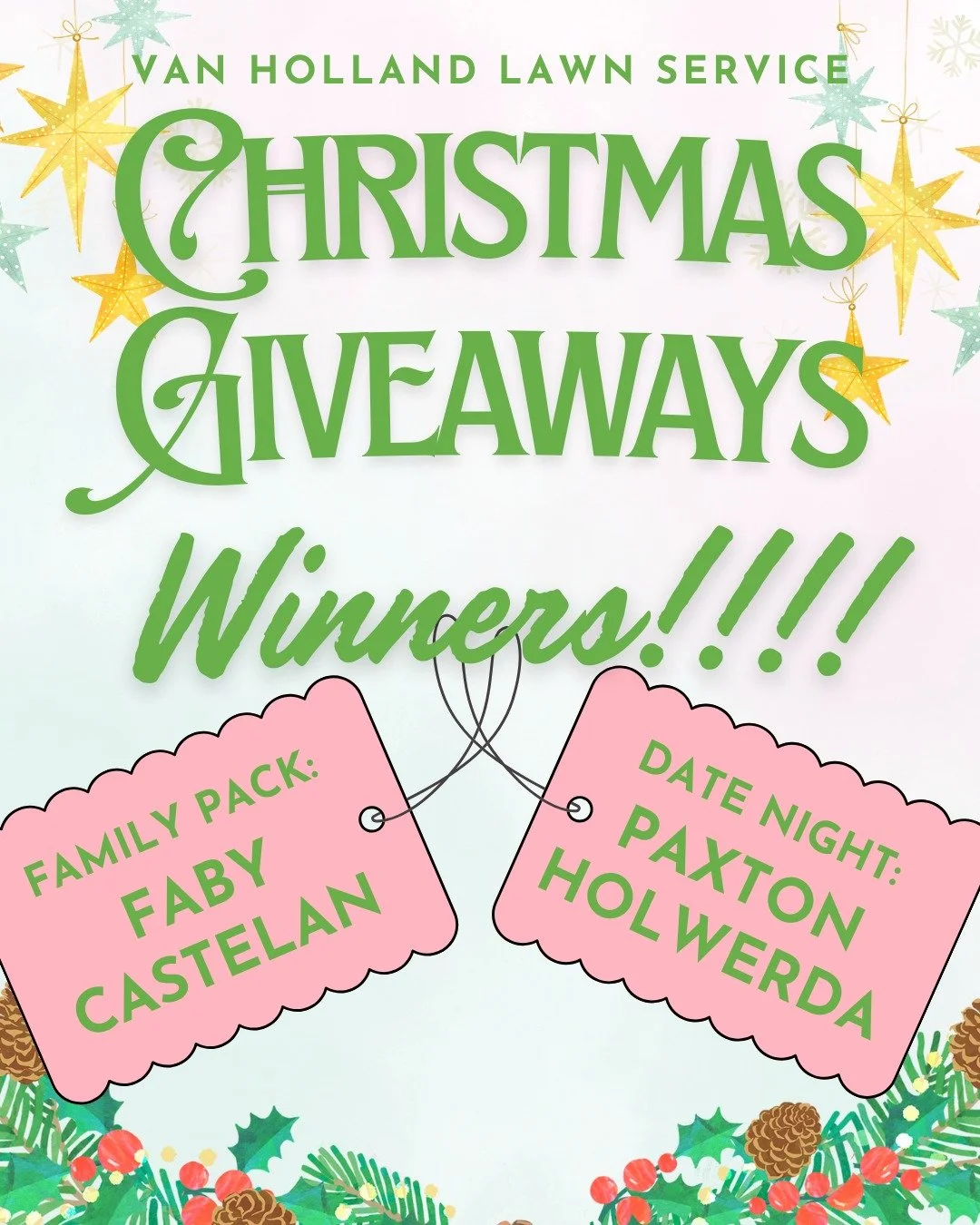 🎄✨ HOLIDAY GIVEAWAY WINNERS ✨🎄

❤️ Date Night Pack Winner: @paxtonholwerda 
👨&zwj;👩&zwj;👧&zwj;👦 Family Fun Pack Winner: @fabycstln 

Congratulations!! 🎉
Please check your DMs from this official VHLS account for pickup details.

Thank you to ev