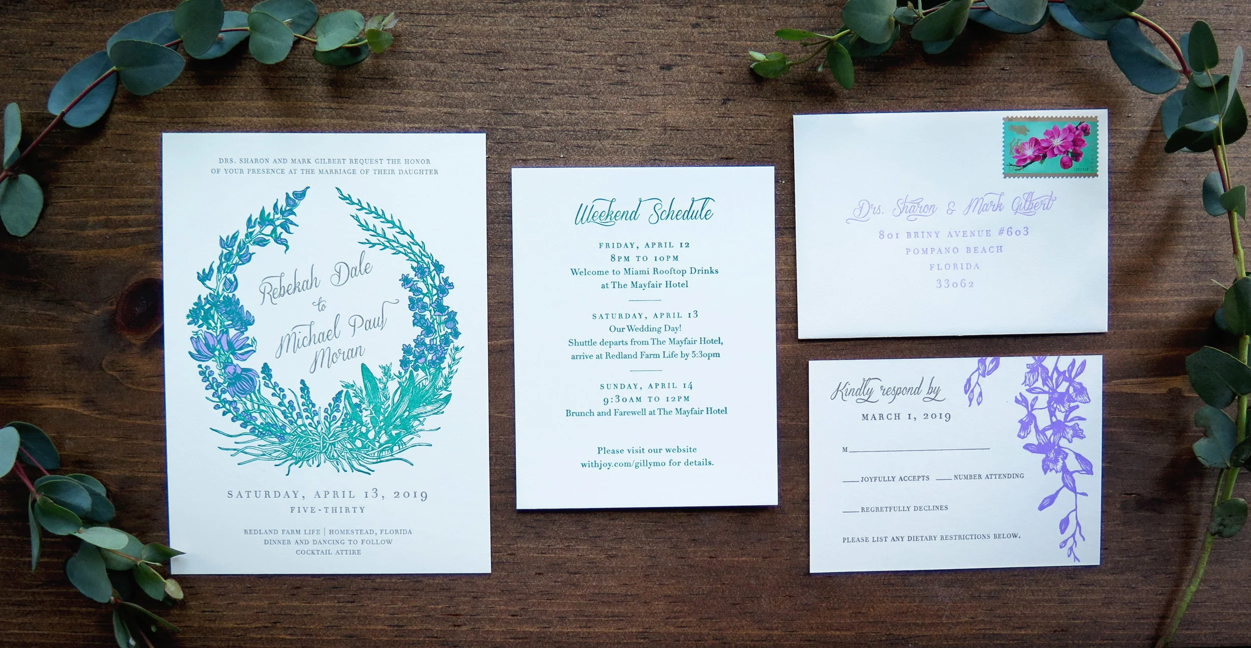 The suite included an invitation, details card, RSVP card, and matching envelope.