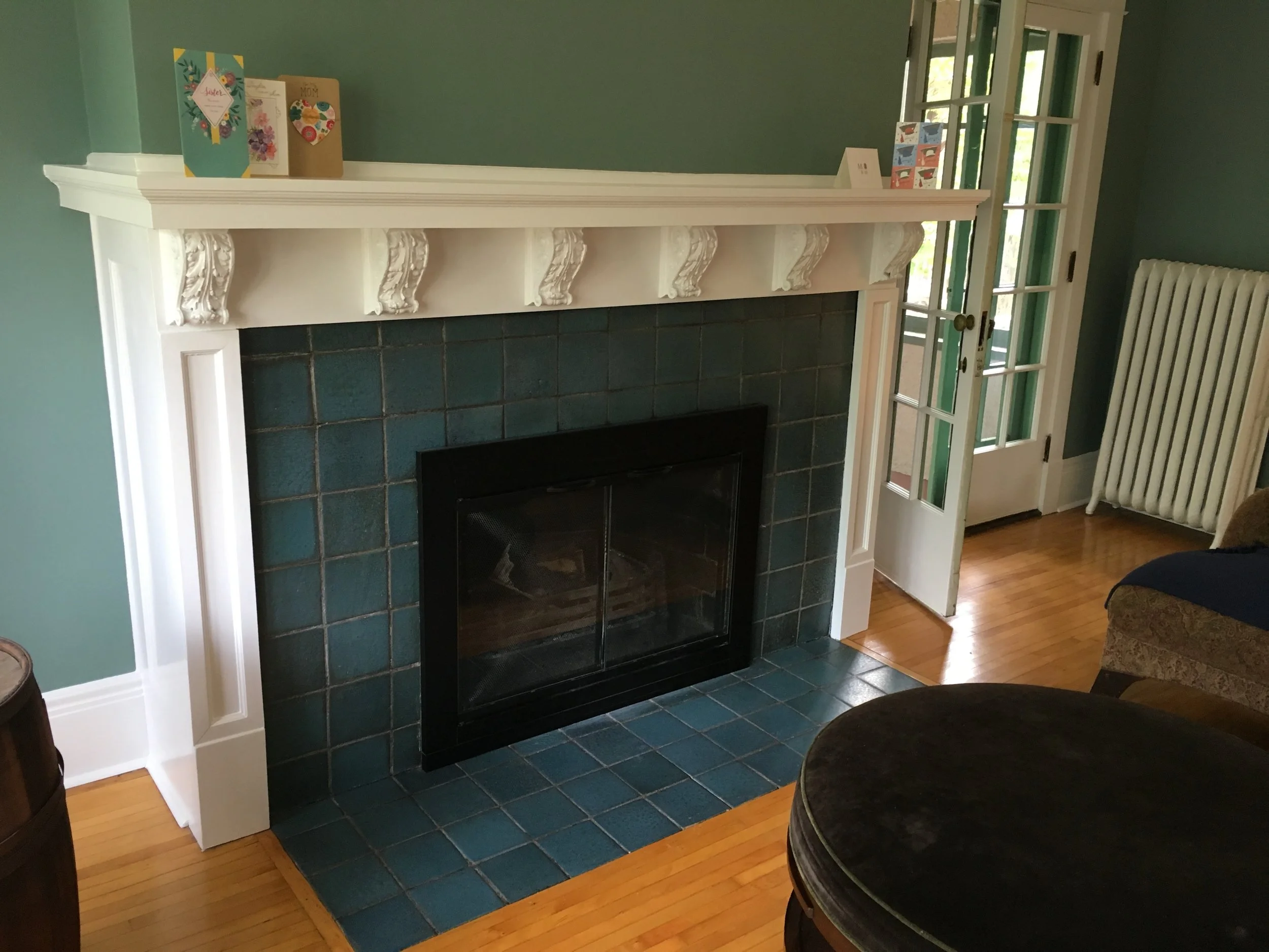  100 year old mantle looks brand new with well executed patching and enameling. 