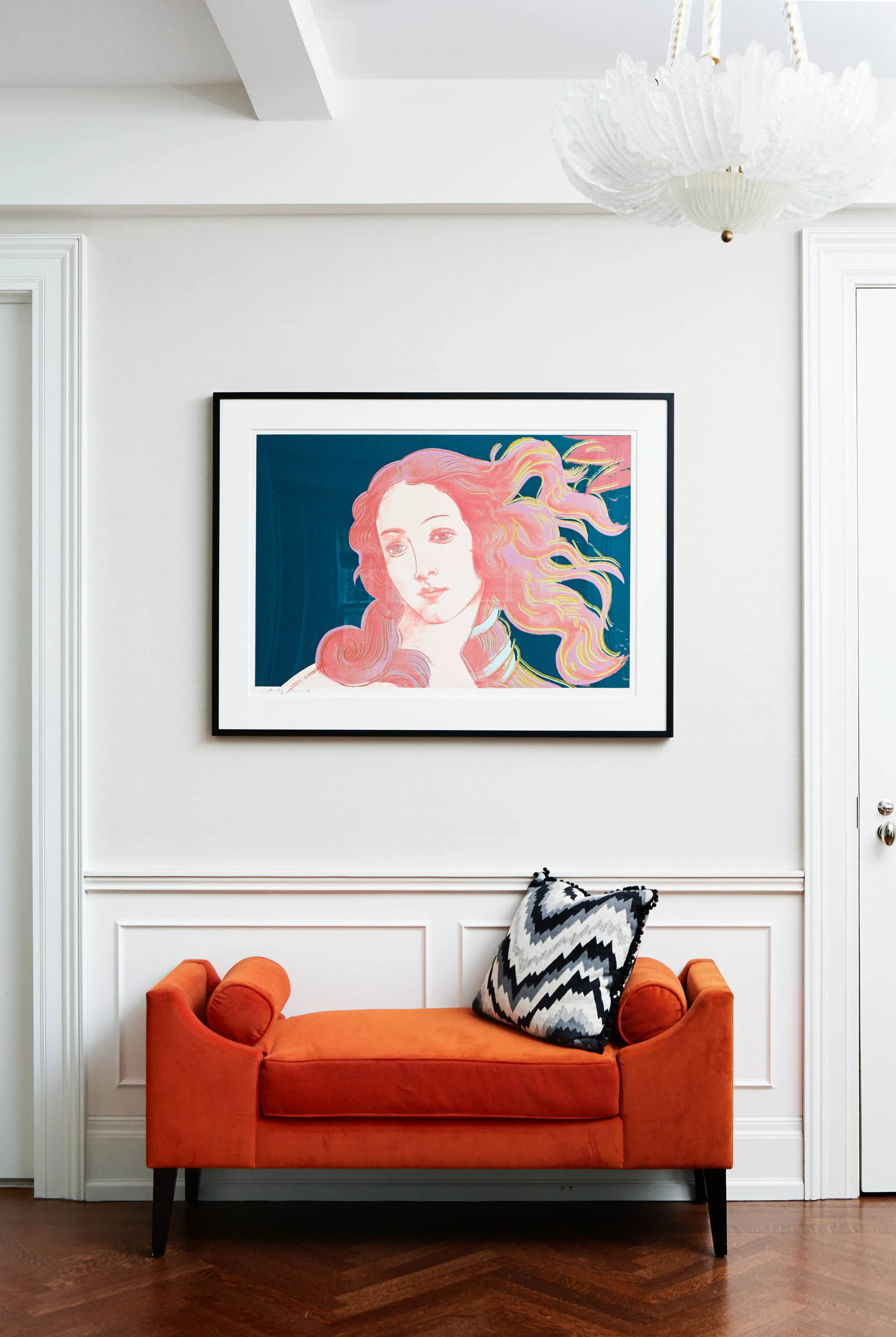 Andy Warhol Print of Venus with bright orange bench below