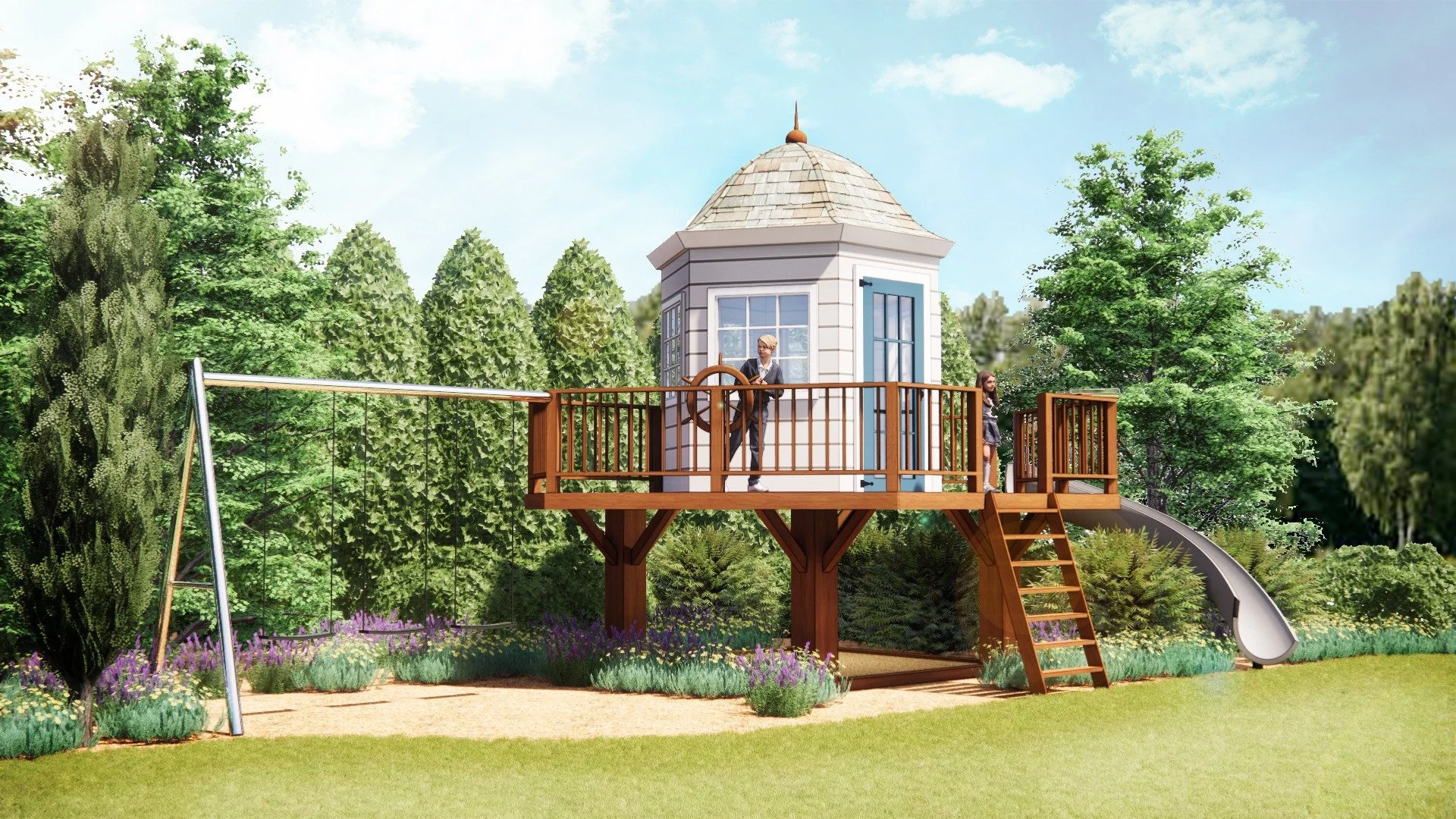 Piggybacking off our last post, we wanted to play around with some options for our client. This one includes an adjacent swing set, and other accessories. The possibilities are endless! 🏠

#landscapedesign #landscapearchitecture #treehouse #treehous