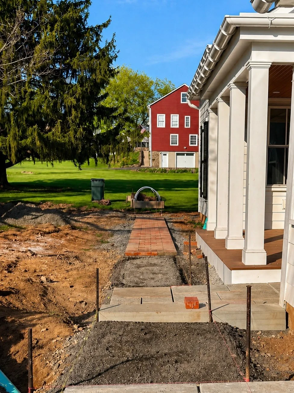 Every old home has a story. The best updates honor it rather than compete with it.

Here, a strategically designed sequence of bluestone landings and traditional brick walkways are being used to connect generations of architecture and garden, linking