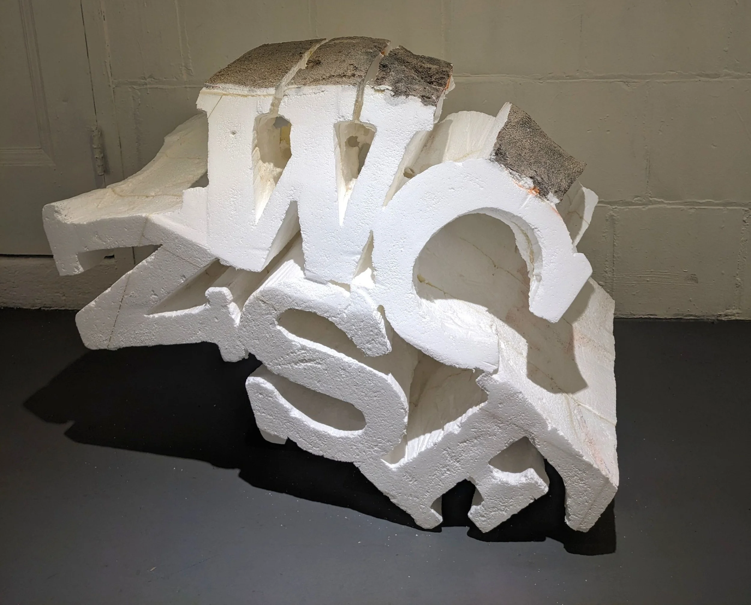  Wounded Child No Surviving Family   2025-2026 Reused styrofoam  28 x 43 x 24 inches (H W D)&nbsp;  Materials for the Arts&nbsp;, NYC  A single styrofoam block carved after the medical acronym for Palestinian wounded children separated from their fa