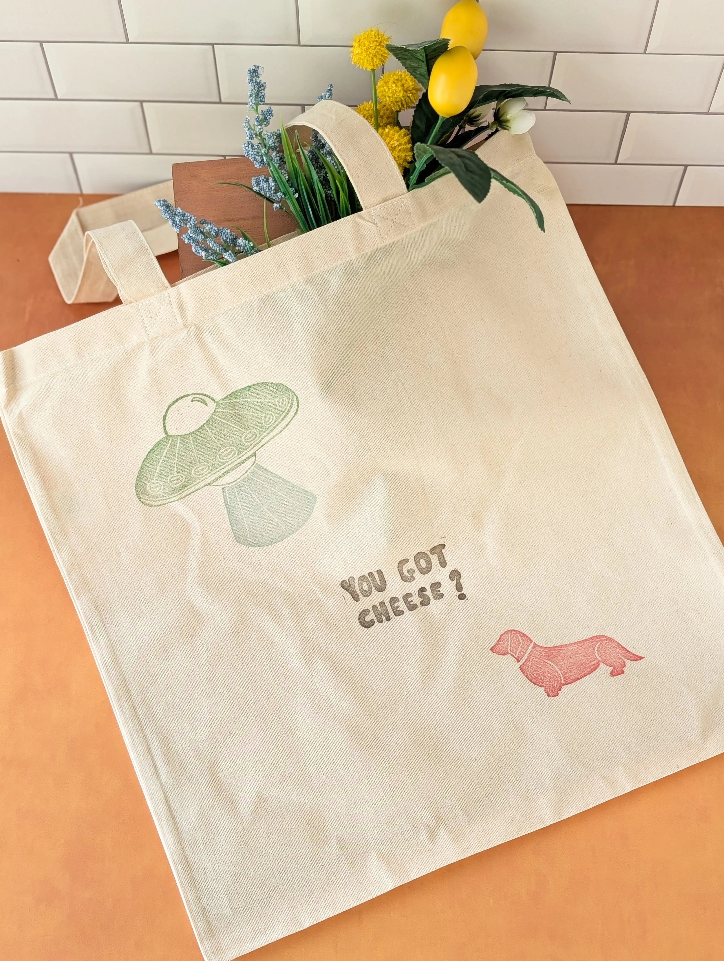 Hand Printed UFO Dachshund Tote