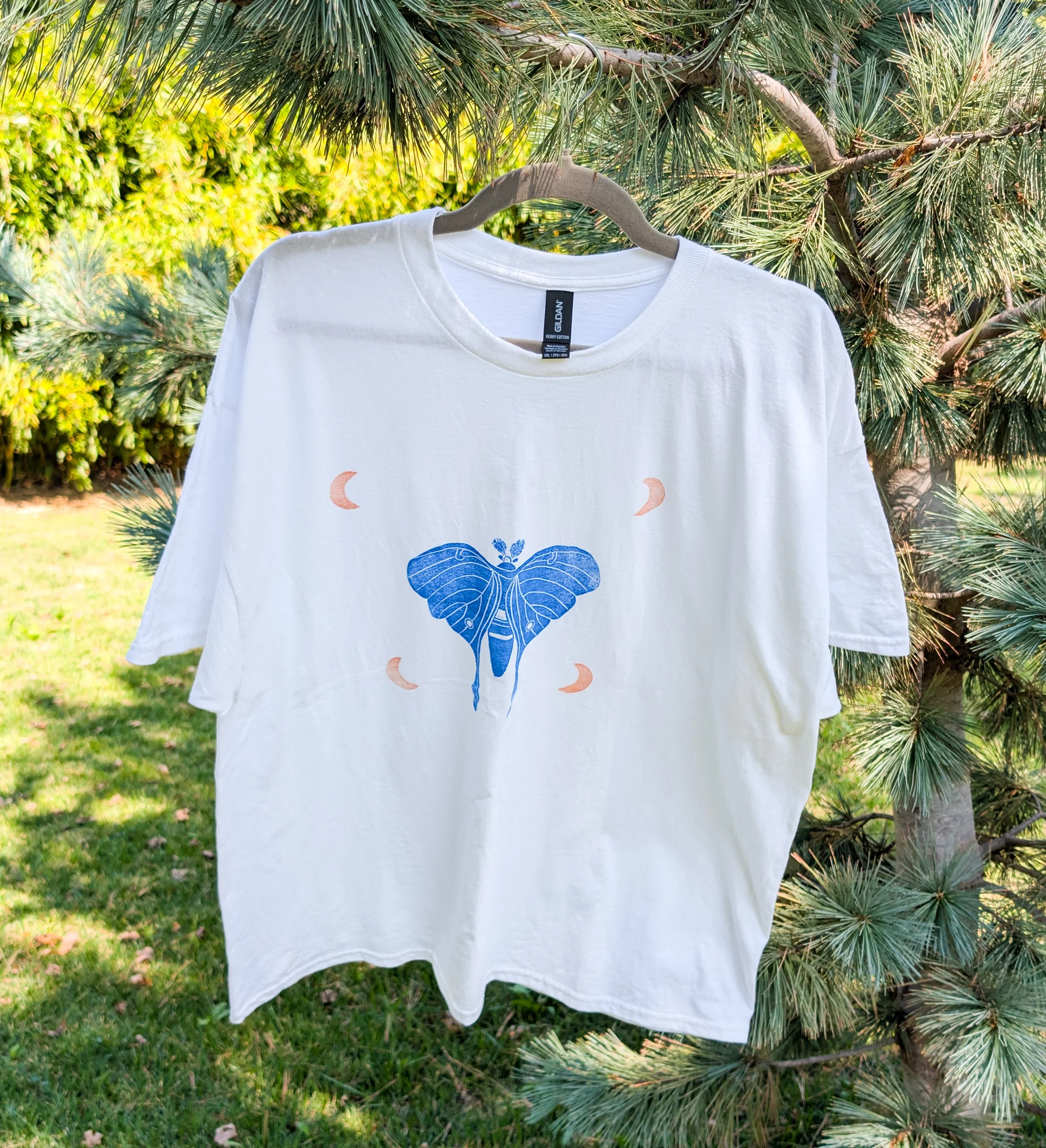 Luna Moth and Moons Hand Printed T-Shirt Size 2XL