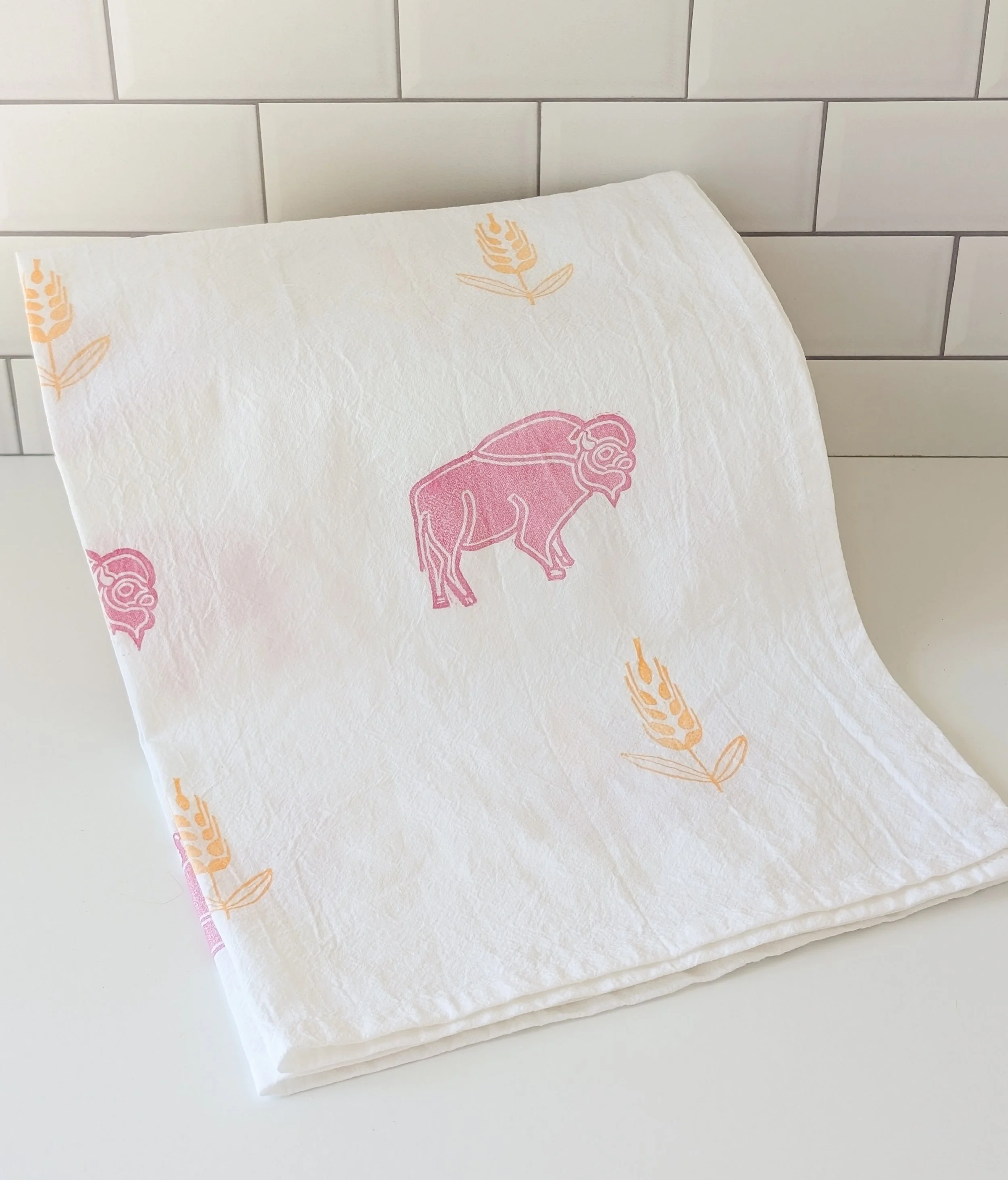 Bison and Wheat Hand Printed Tea Towel
