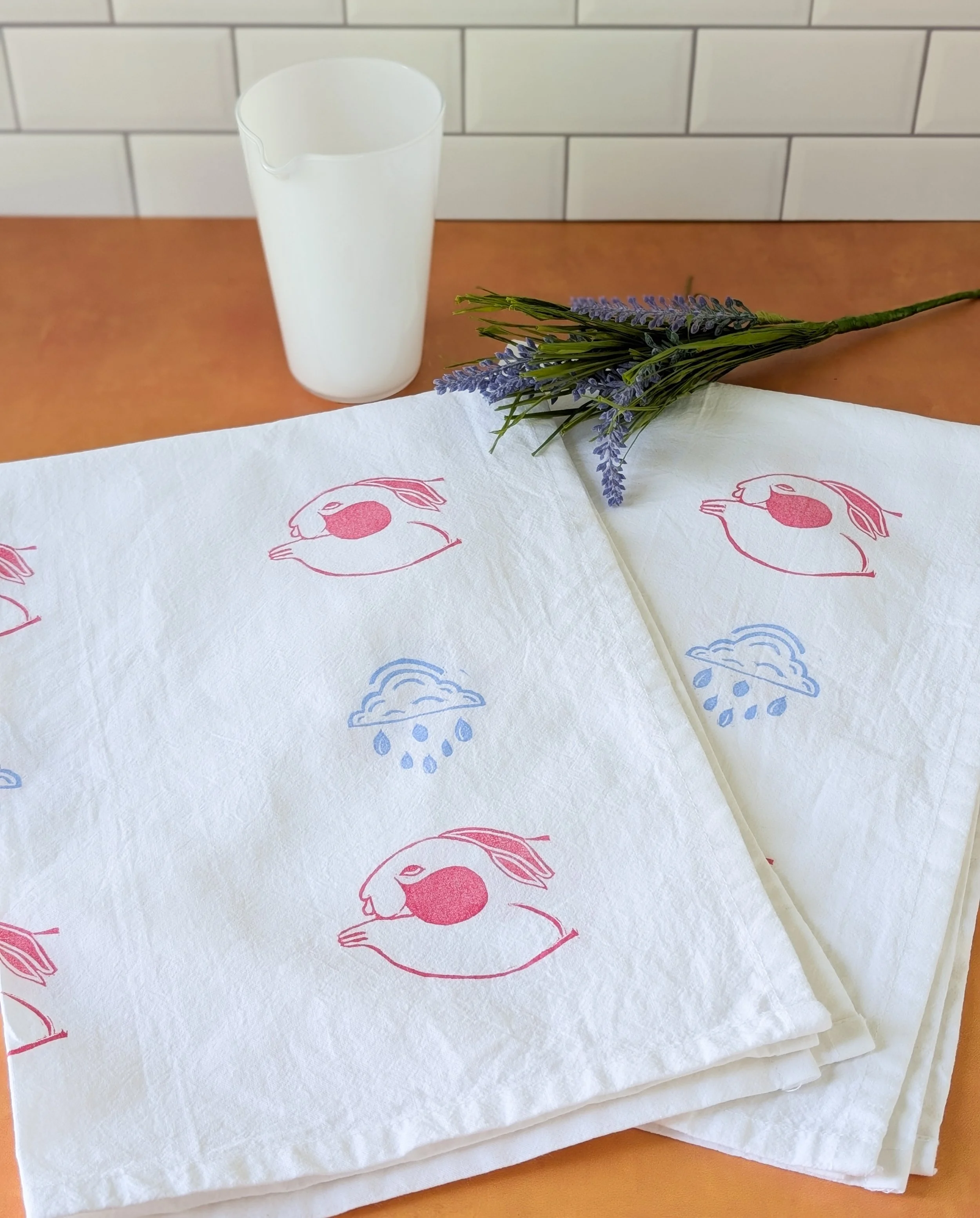 Big Bunny Mood Hand Printed Tea Towel