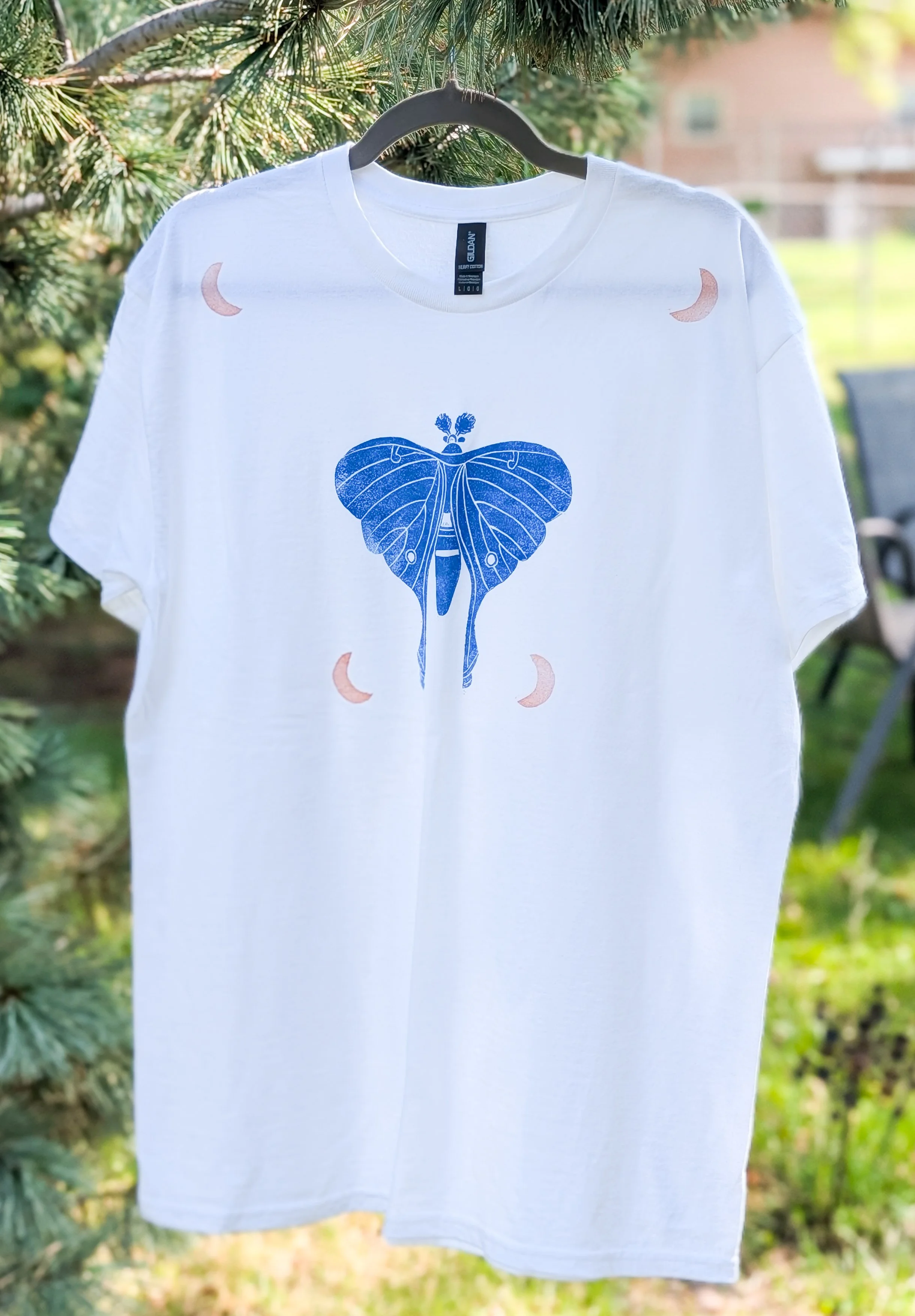 Luna Moth and Moons Hand Printed T-Shirt Large