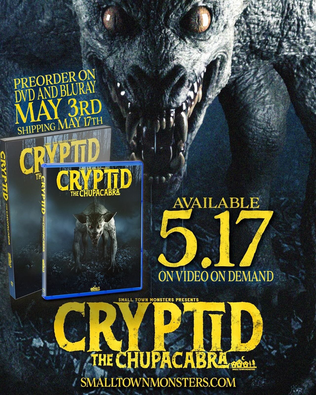 🚨MOVIE DROP🚨 Cryptid: The Chupacabra is coming to wide release on 5/17! Preorders start TOMORROW at smalltownmonsters.com/shop &amp; VOD arrives on select platforms on the 17th. Get ready - the Chupacabra is coming. 

#monsters #monster #paranormal
