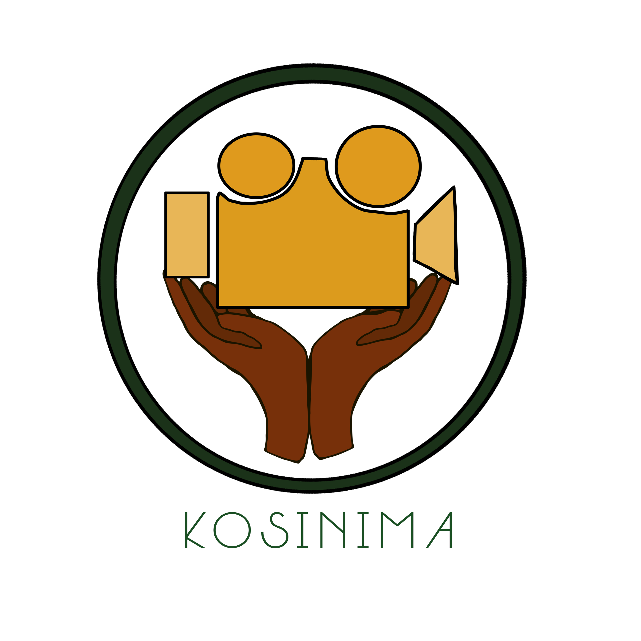 A pair of brown hands holding up a yellow film camera with the words KOSINIMA in a green circle, beneath it