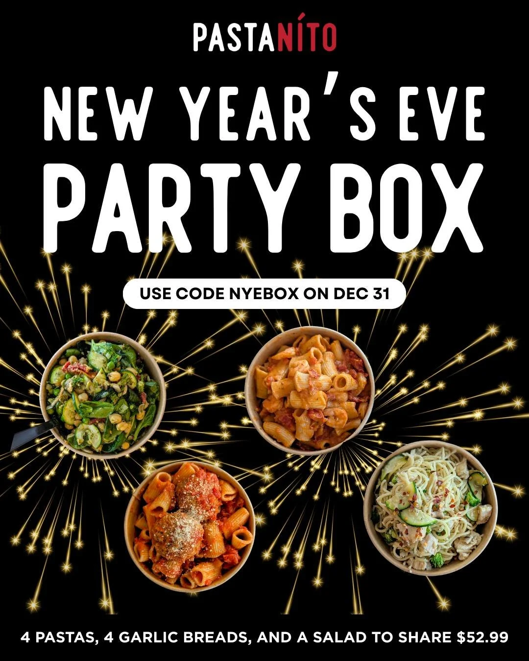 Your NYE plans just got easier. Feed the whole crew with our NYE Party Box for $52.99. Includes 4 pastabowls, 4 garlic breads, and a shared salad.
Use code NYEBOX at order.pastanito.com

#NYEBox #NewYearsFood #YorkPA #PartyEats #LocalEats