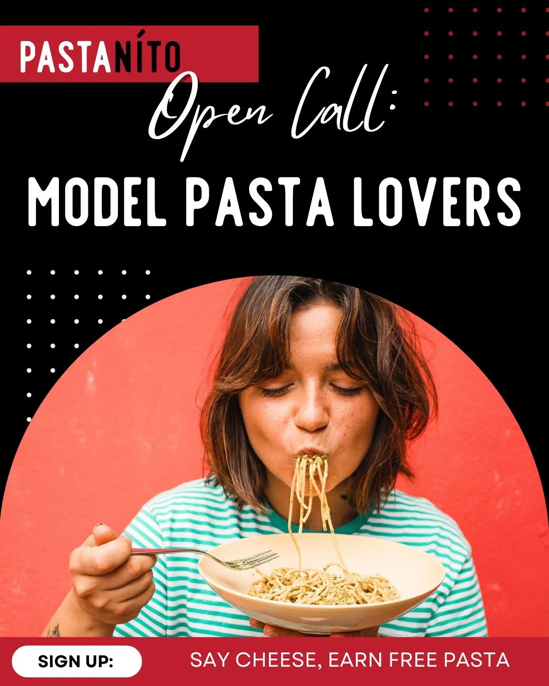 Open call for pasta-loving models! 📸We need some fresh faces for our promotional photos and videos and we want YOU, our loyal customers, to be the faces of the brand! We're looking for the following models with day time availability: 
-families 👨&z