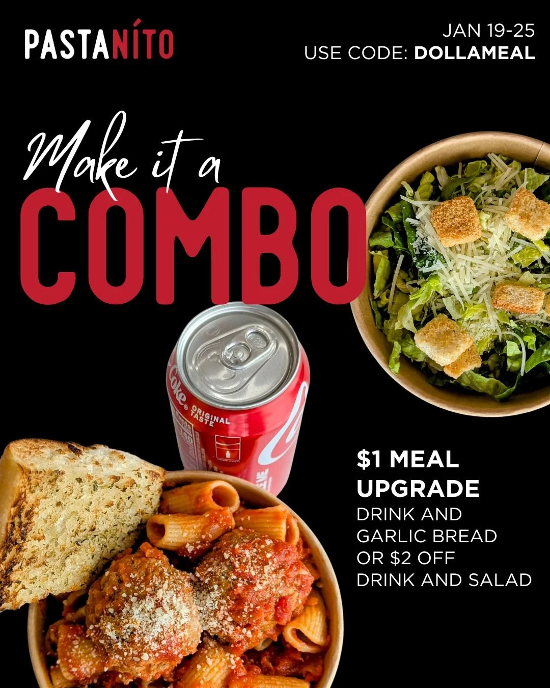 Why not make it a meal 🥤 Through Sunday, add garlic bread and a drink for $1 or get $2 off your drink/salad upgrade. In store or online with code DOLLAMEAL.

#pastanito #pastadeals #yorkpa #eatlocal #mealtime #fastfood #franchise #freshpasta