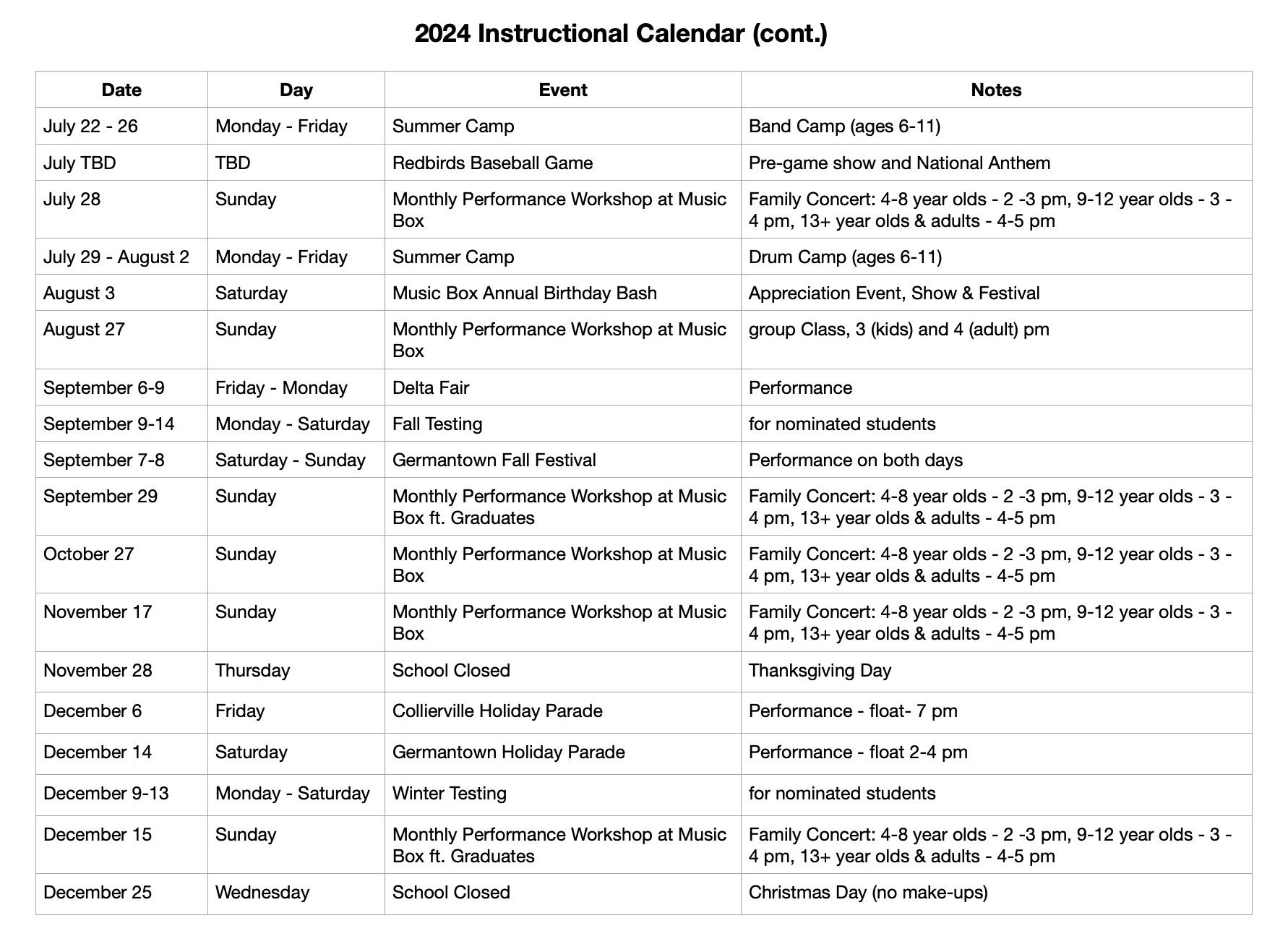 2022 Instructional Calendar - Music Box