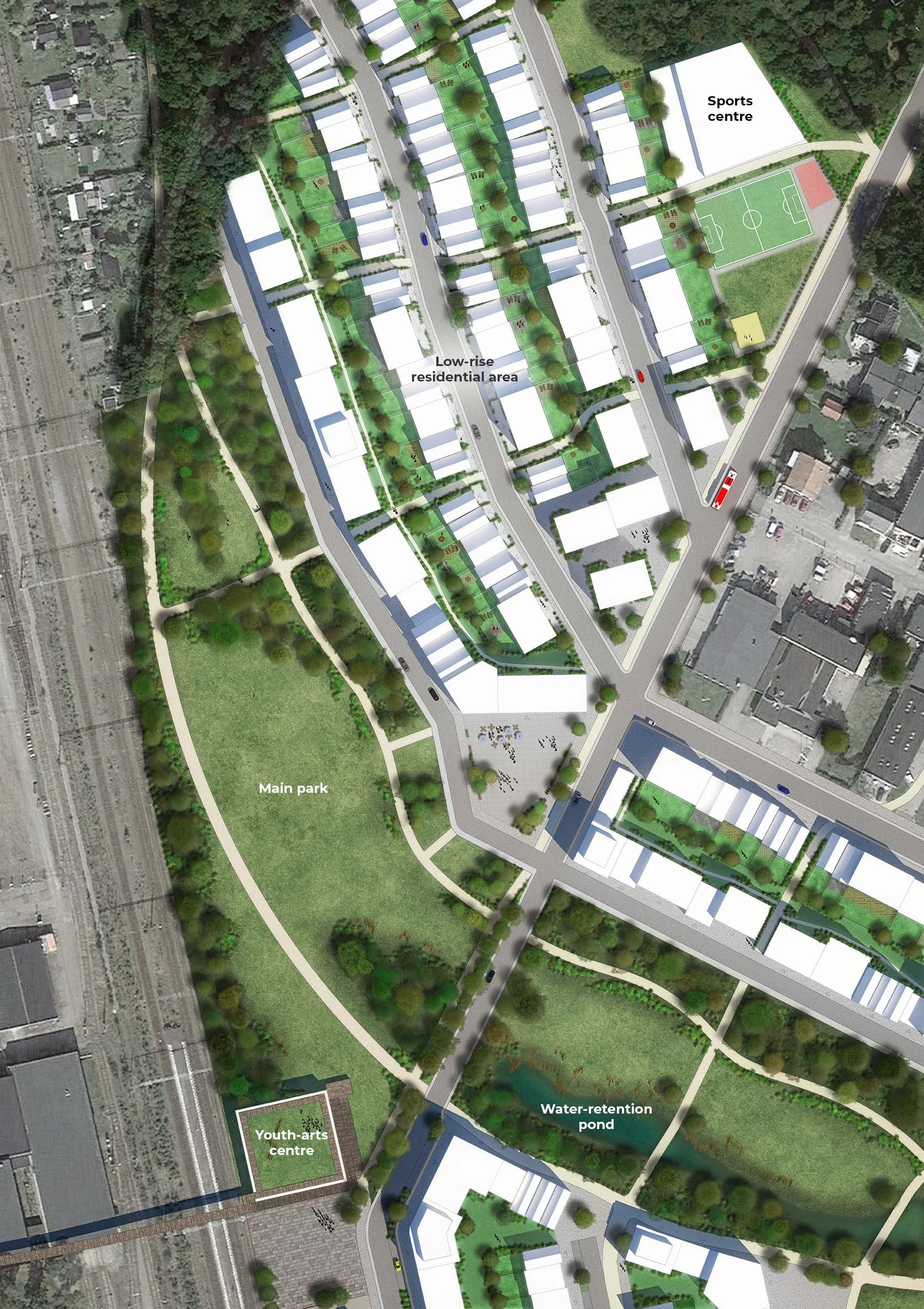 Residential area, main park &amp; Arts Centre (+overpass)