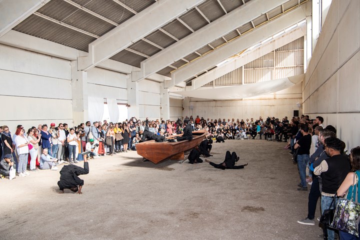 Mohau Modisakeng, Land of Zanj (2019). Performance by Thembekile Komani and Aphiwe Mpahleni Mohau Modisakeng. Performance view: Sharjah Biennial 14: Leaving the Echo Chamber , Kalba Ice Factory (7 March–10 June 2019). Courtesy Sharjah Art Foundation.