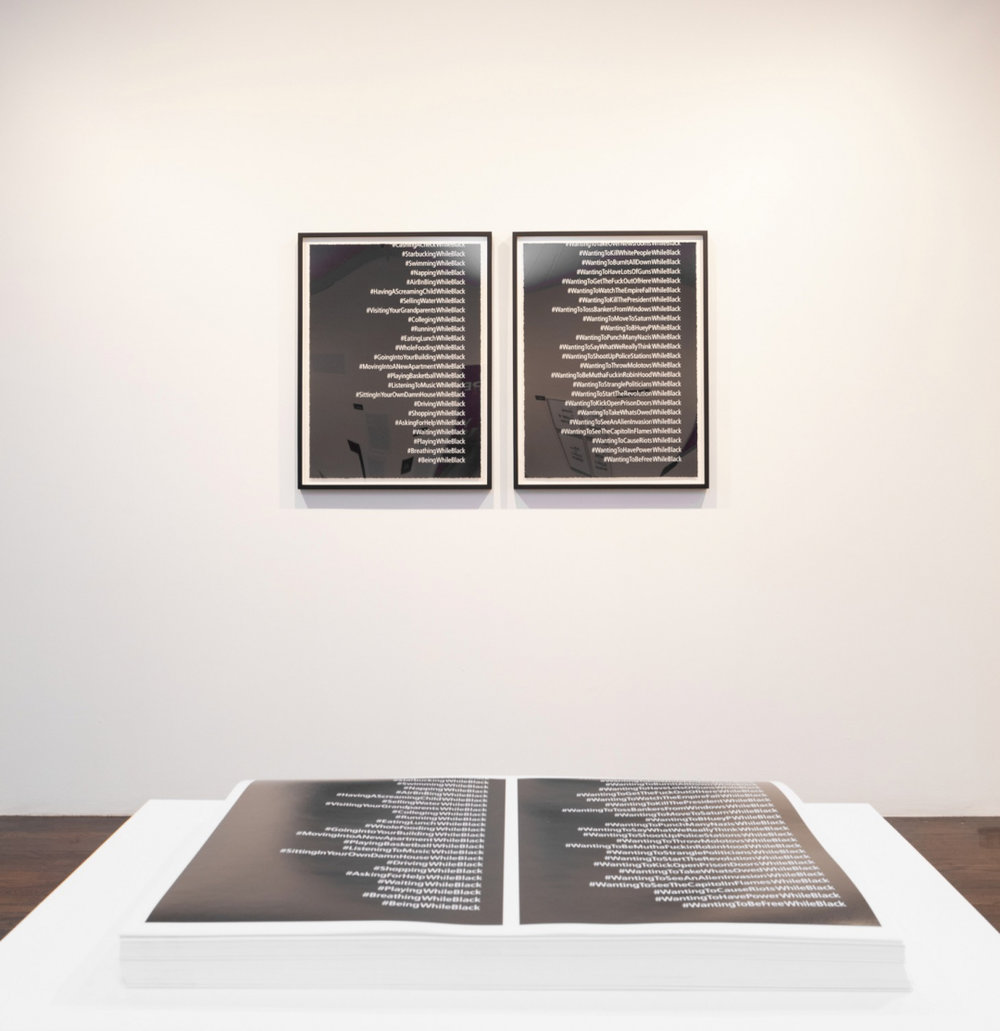   Installation view of  Revolution From Without : Dread Scott, #While Black (offset), 2019, offset lithographs, and #While Black, 2018, diptych in screenprint (courtesy of the artist; photograph by Julia Gillard)  