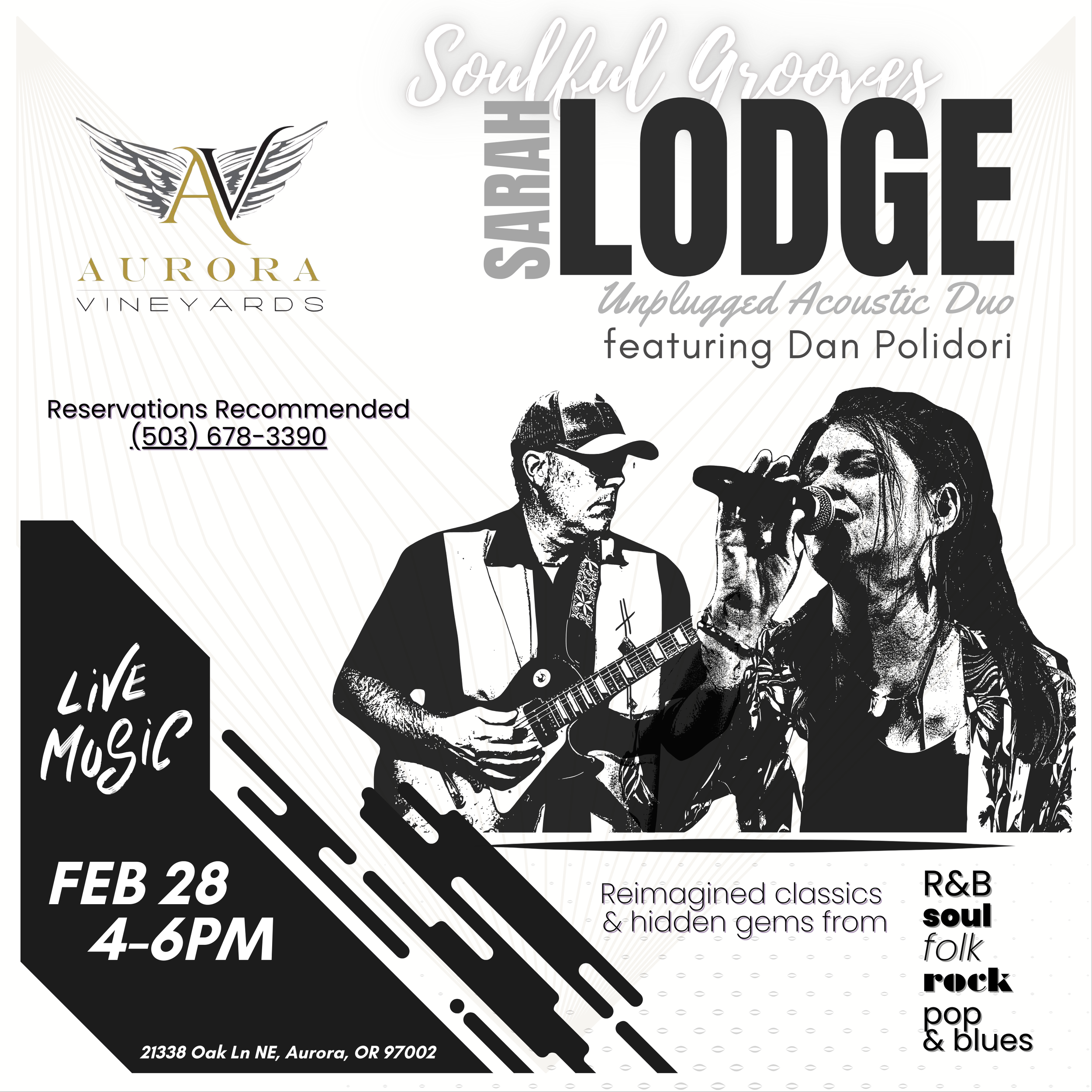 Sarah Lodge with Dan Polidori • LIVE MUSIC at Aurora Vineyards FEB 28, 4-6pm