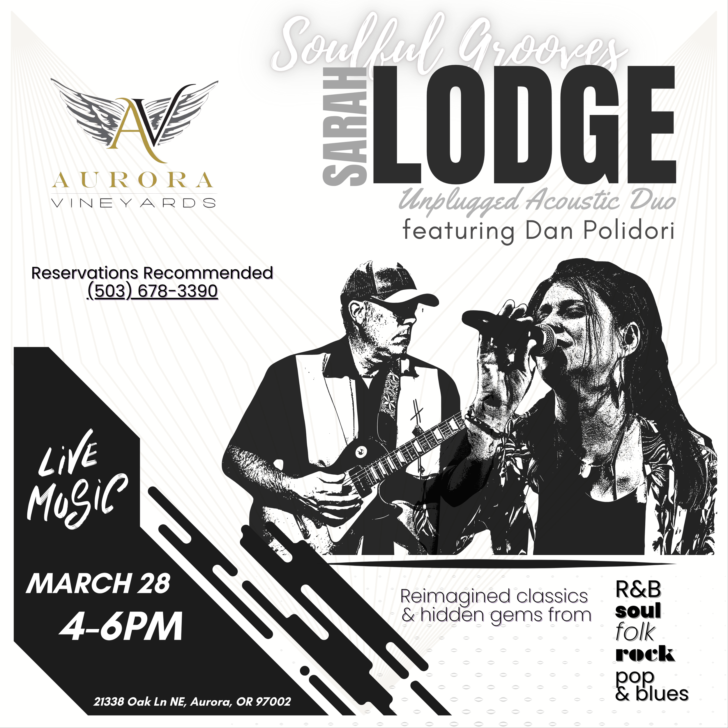 Sarah Lodge with Dan Polidori • LIVE MUSIC at Aurora Vineyards MARCH 28, 4-6pm
