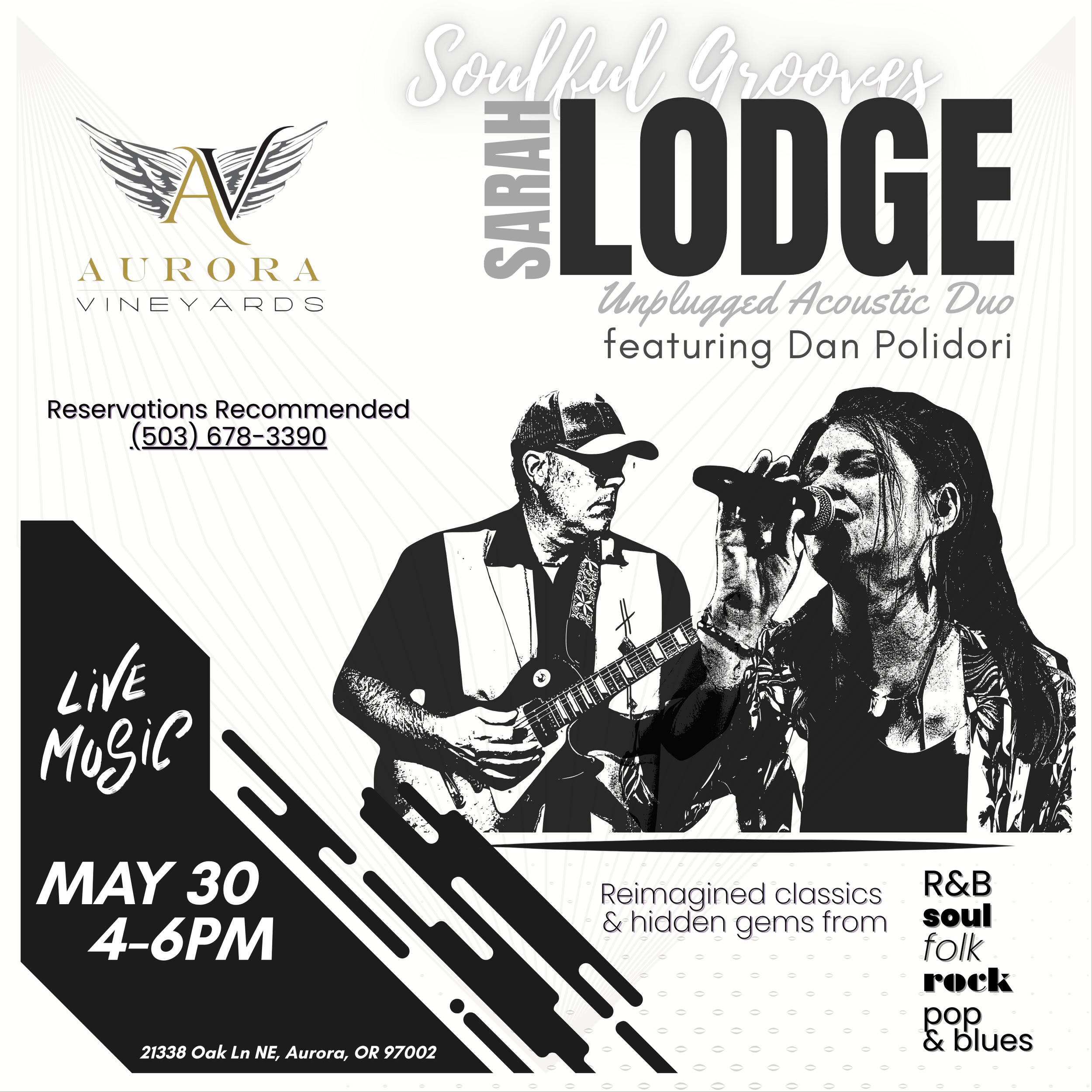 Sarah Lodge with Dan Polidori • LIVE MUSIC at Aurora Vineyards MAY 30, 4-6pm