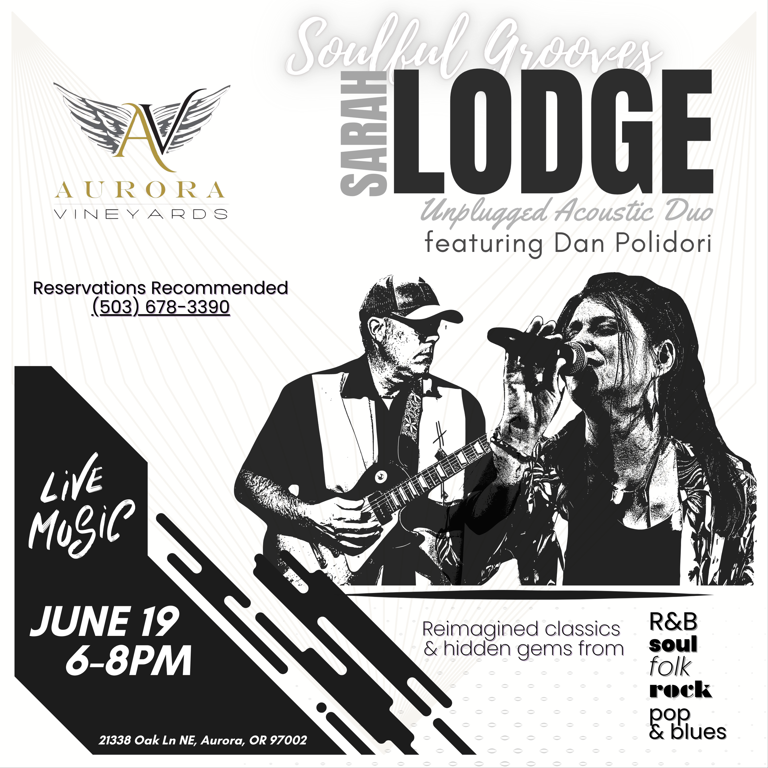 Sarah Lodge with Dan Polidori • LIVE MUSIC at Aurora Vineyards JUNE 19, 6-8pm