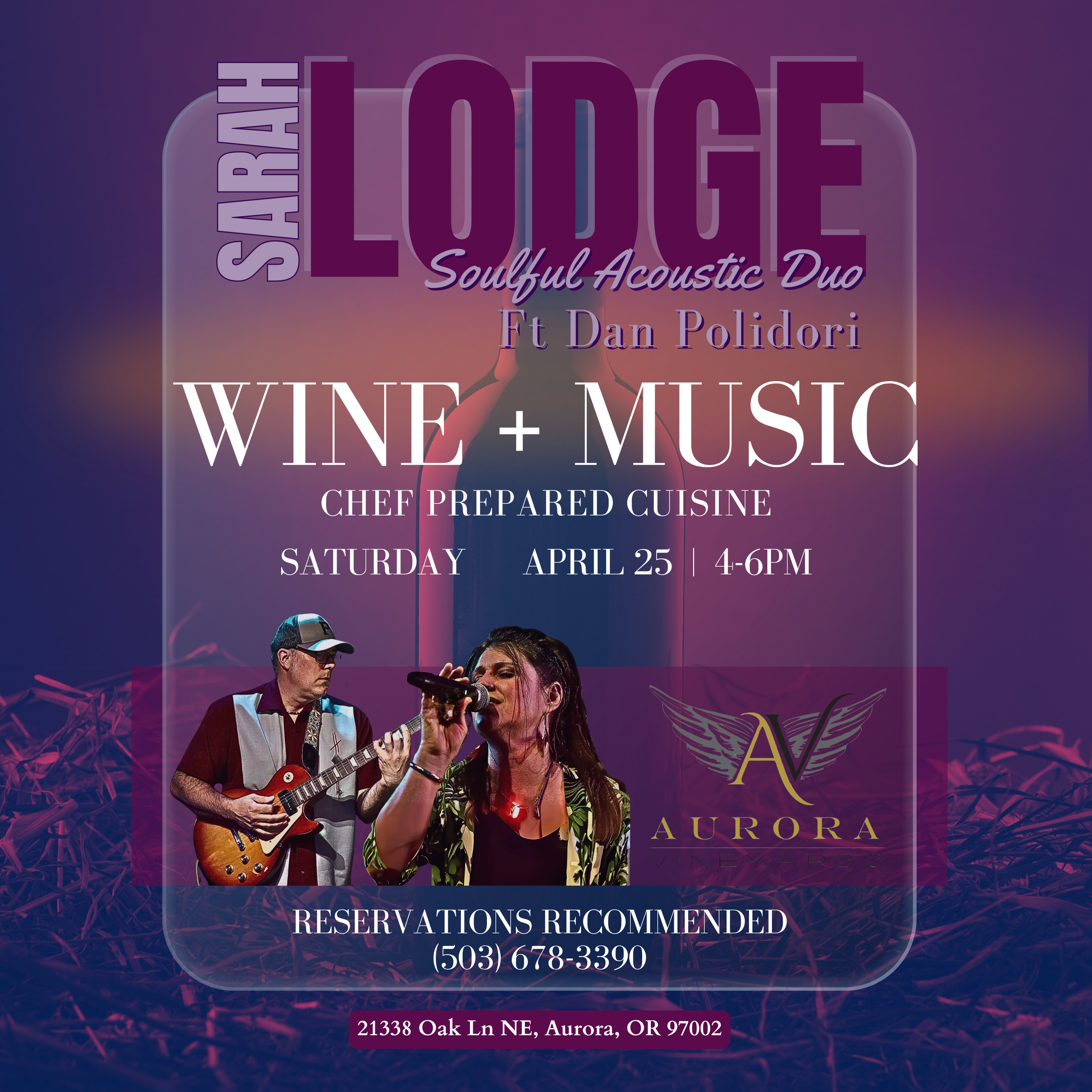 Sarah Lodge with Dan Polidori • LIVE MUSIC at Aurora Vineyards APRIL 25, 4-6pm