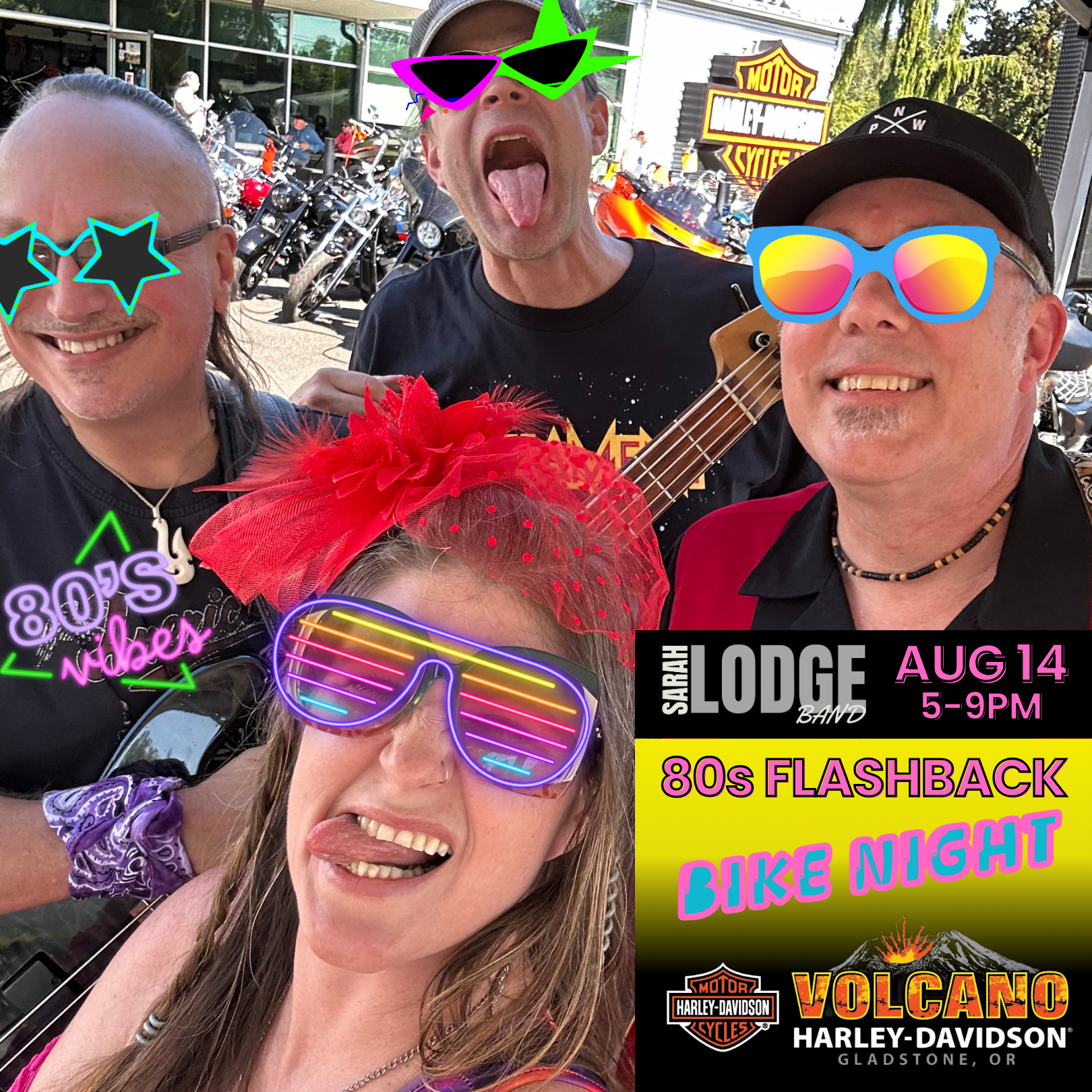 **80's FLASHBACK BIKE NIGHT** Harley Davidson GLADSTONE - Public Event, All Ages Welcome - Sarah Lodge Band