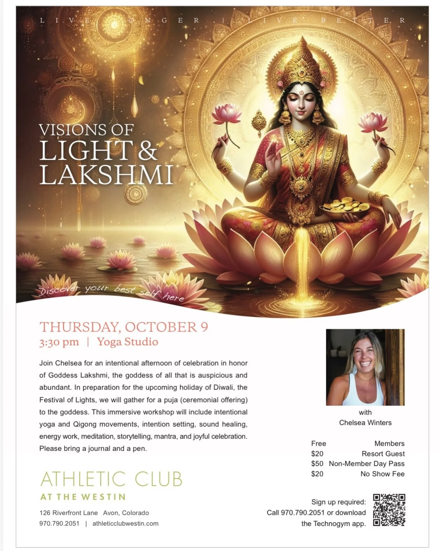 *Visions of Light &amp; Lakshmi | Thursday, October 9th 3:30-4:45p | @ The Athletic Club at the Westin 
💫 
Join Chelsea for an intentional afternoon of celebration, in honor of Goddess Lakshmi, the goddess of all that is auspicious and abundant.  In