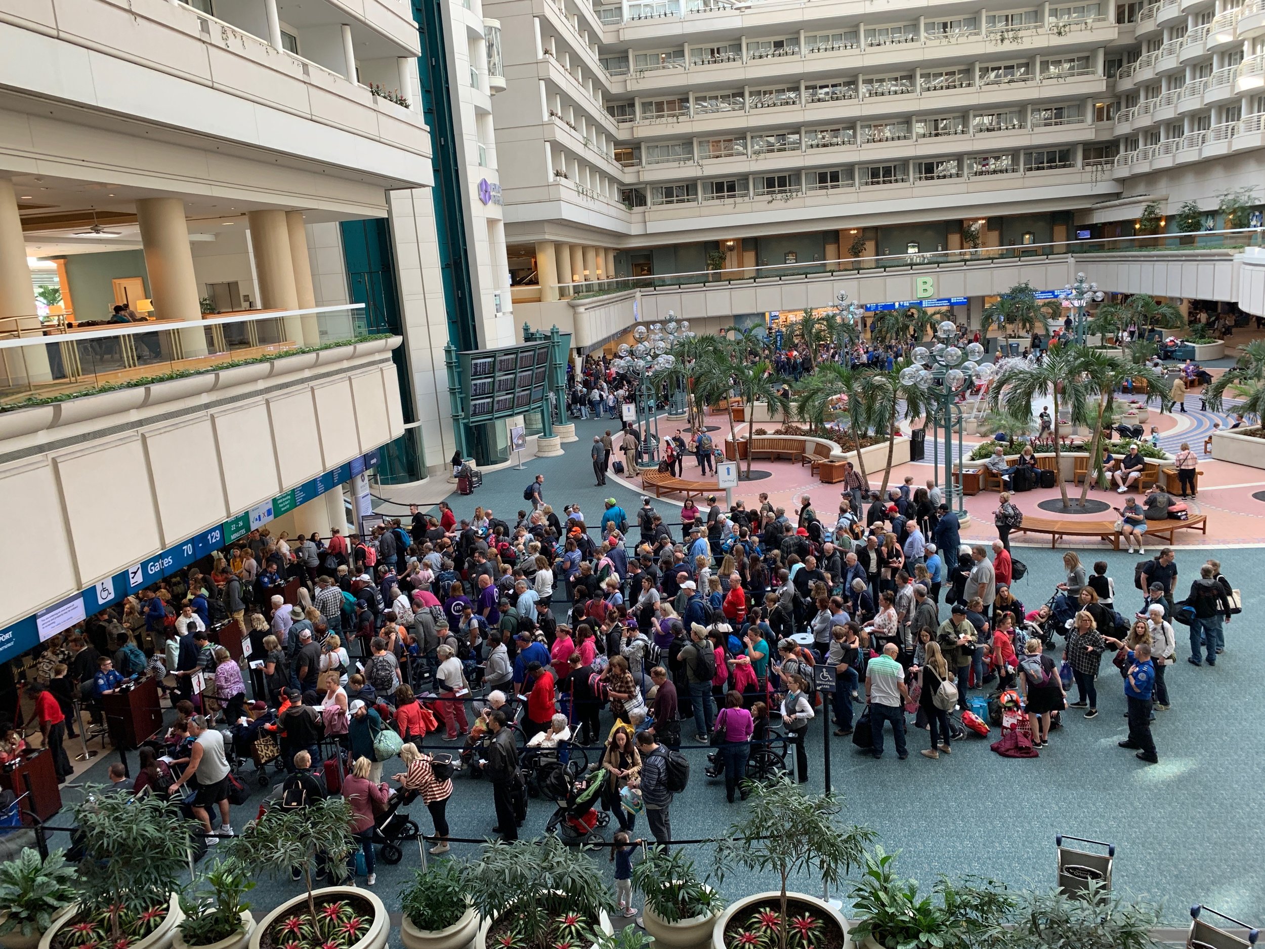 A view of the lines at TSA Security Check Point from the Hyatt